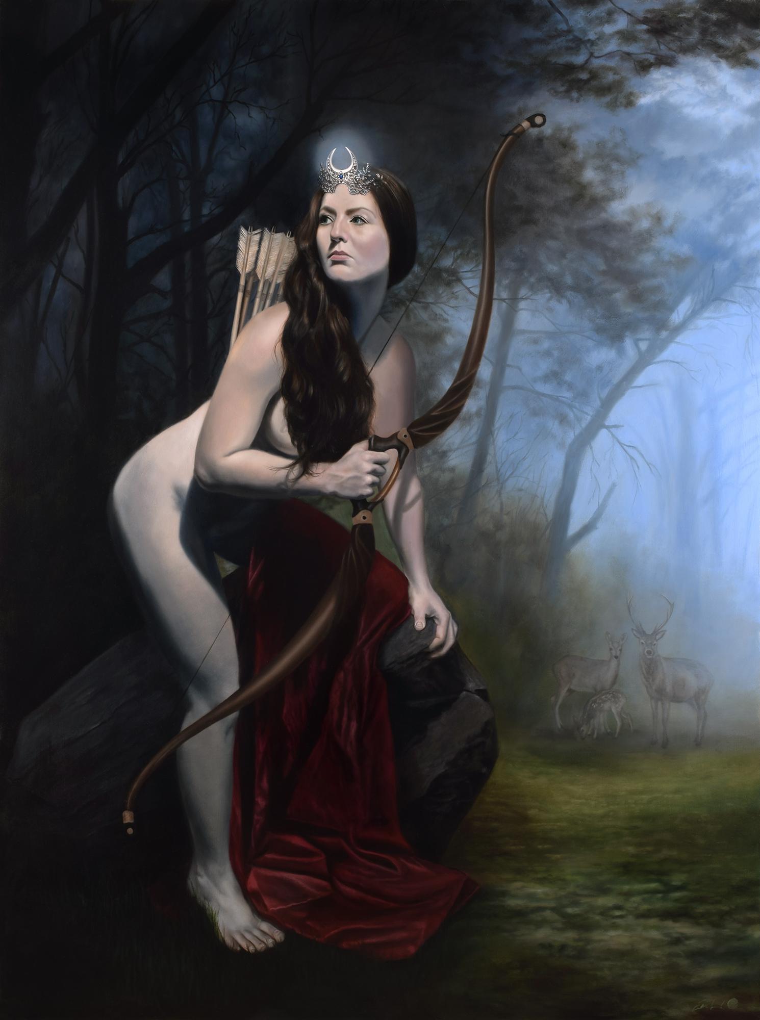 My new painting, Diana, Goddess of the Hunt, oil on birch, 48 x 36" 2019 mythology