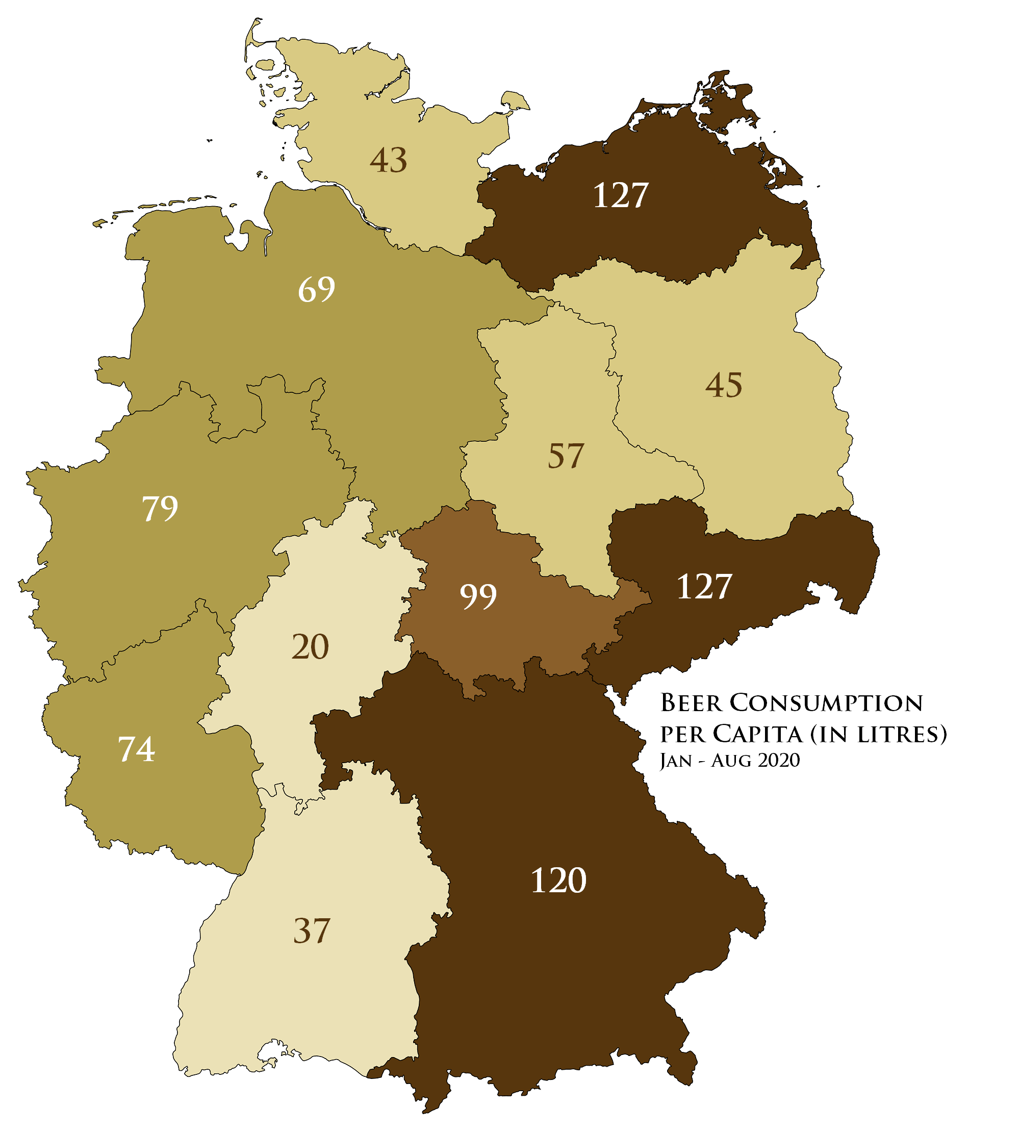 Beer Regions Germany Map Beer consumption per capita of German regions (2020) europe