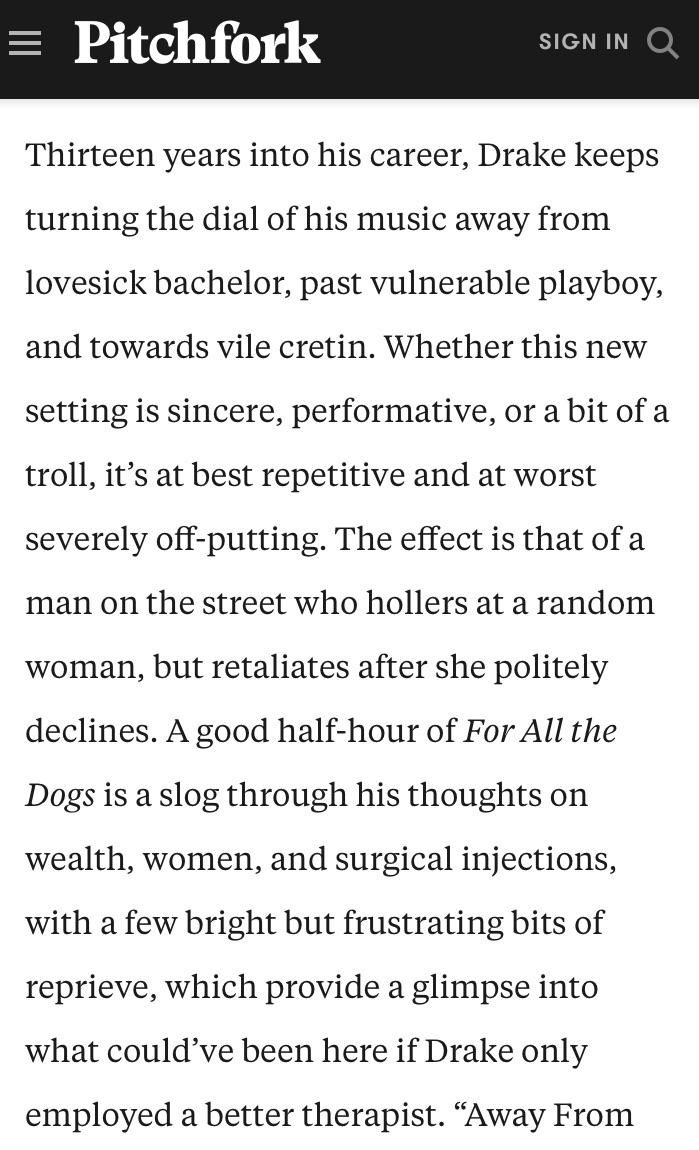 A scathing excerpt from Pitchfork’s review of Drake’s For All The Dogs r/KendrickLamar