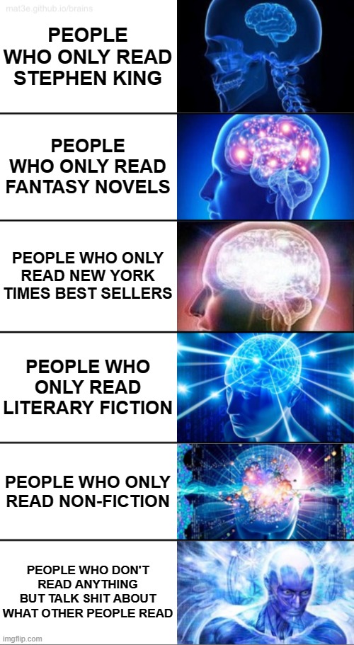 6 TIER EXPANDING BRAIN MEME bookscirclejerk
