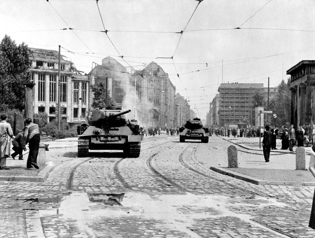 Soviet T34/85 tanks in Potsdamer Platz, Berlin, during the East German