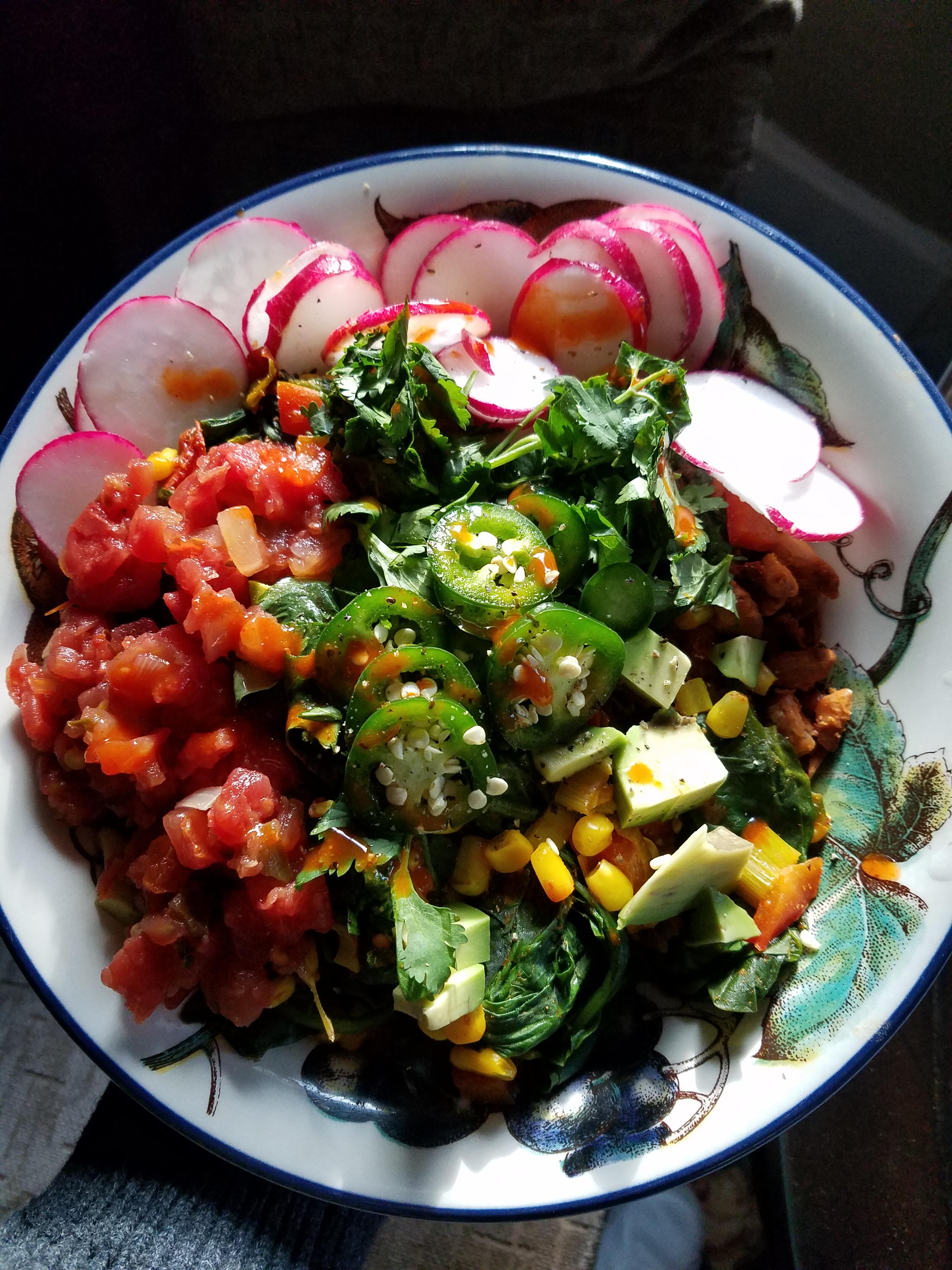 Spicy adobo pinto beans, rice, and a ton of veg all for under 400