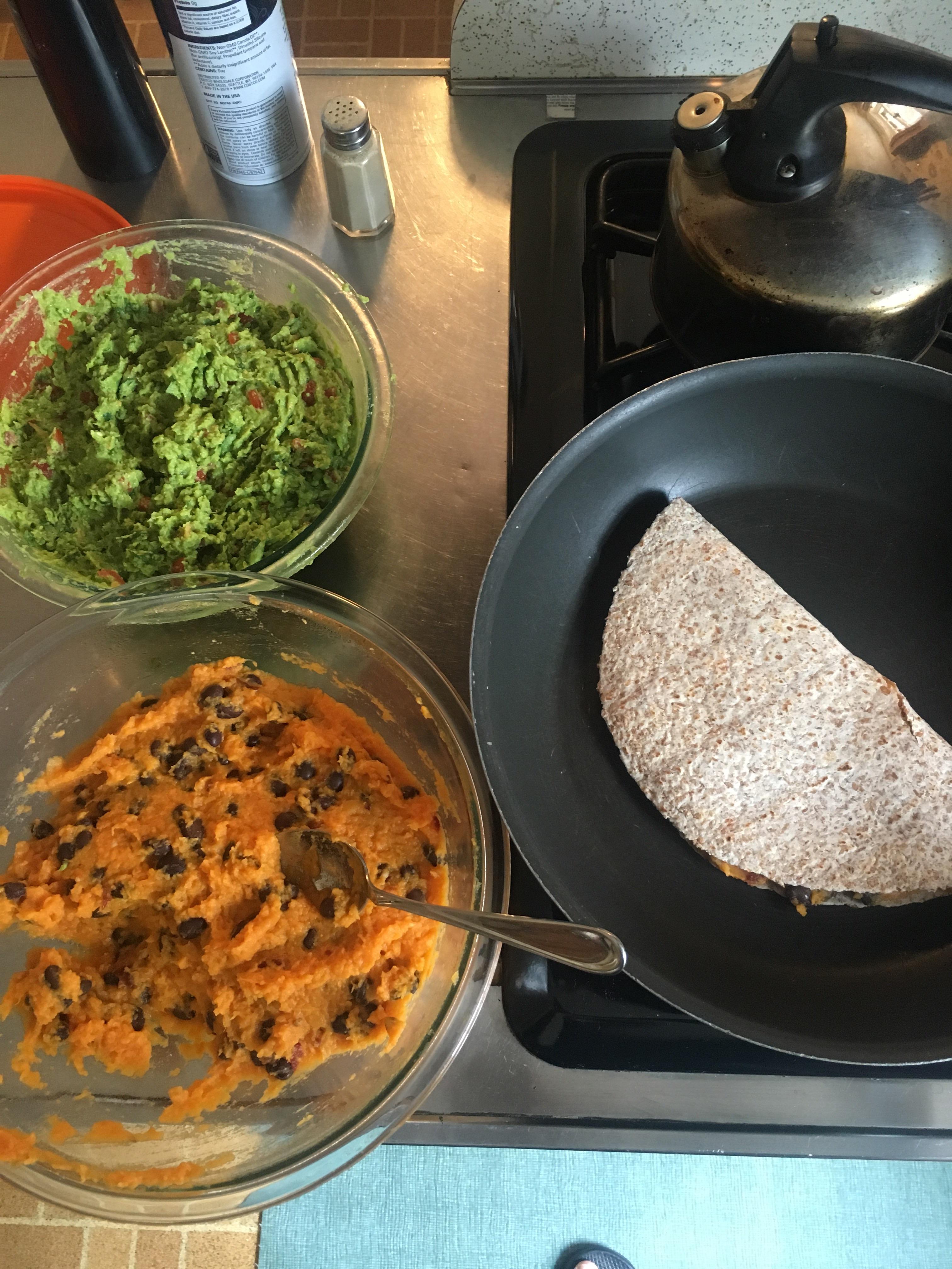 Yam Quesadillas with Pea Guacamole! From the forks over knives magazine