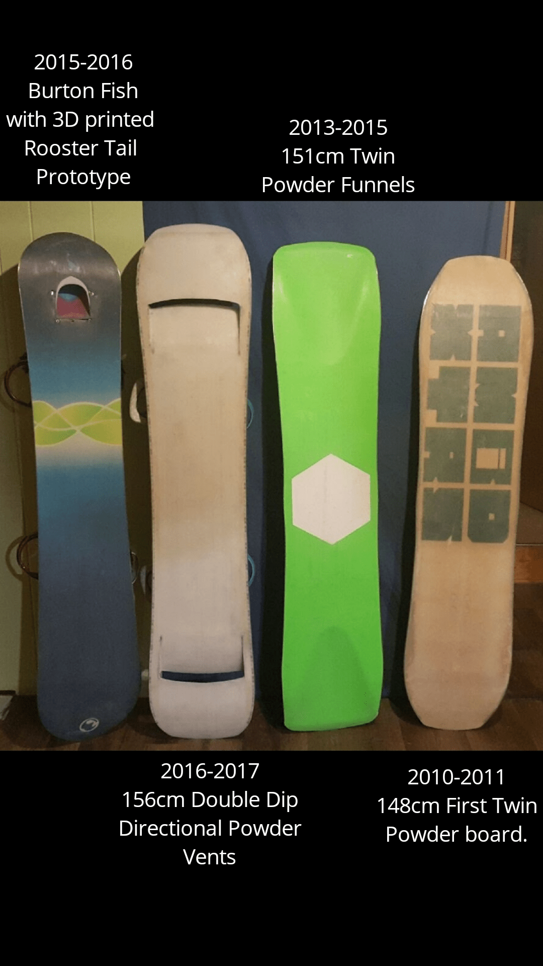 10 Years of my homemade powder board design. From Short/Fat to