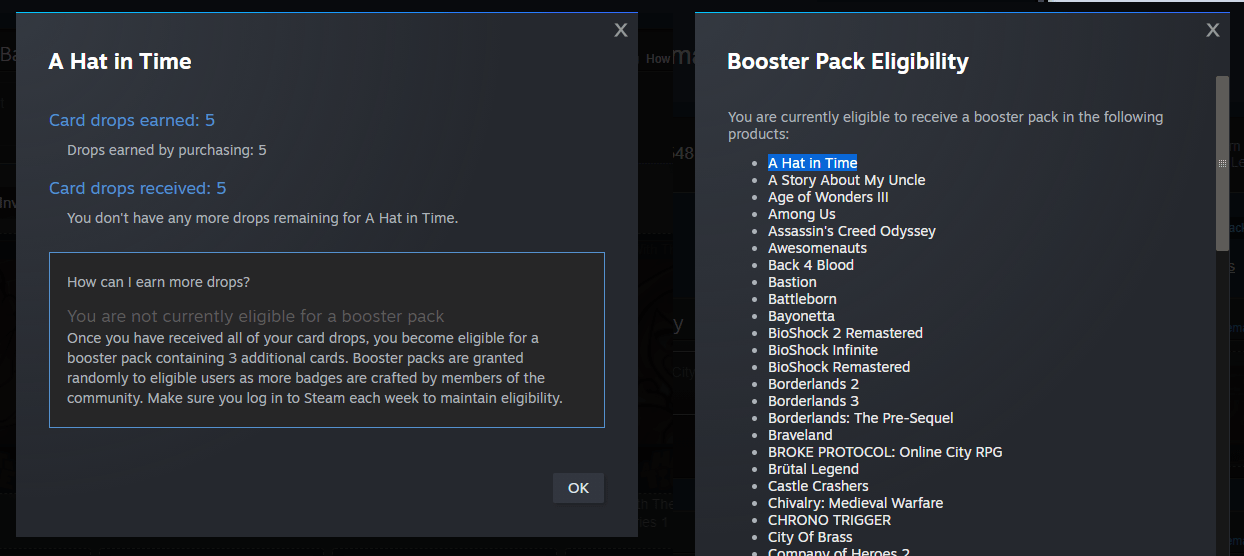 Booster pack eligibility conflicting in different menus. Is this a UI