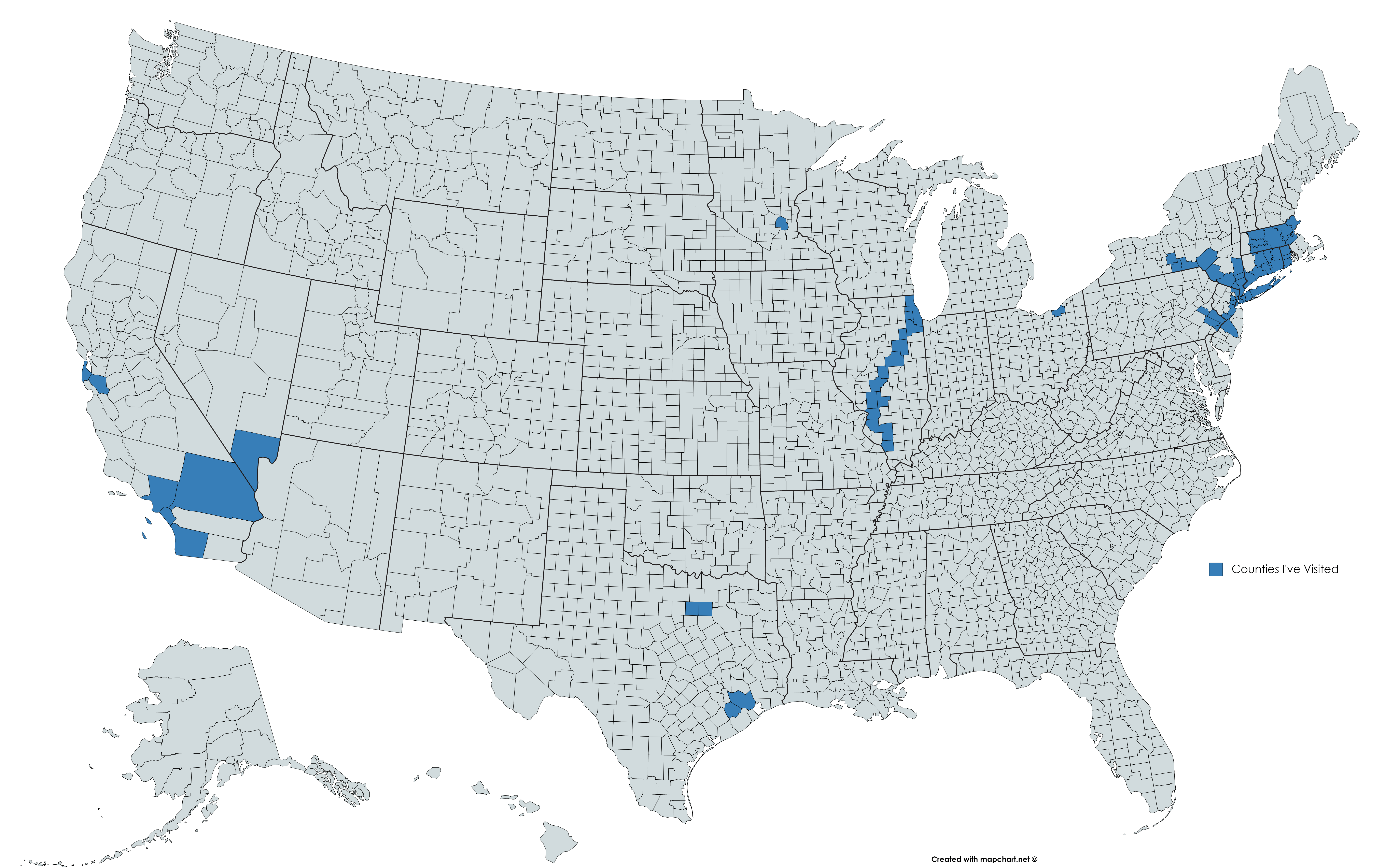 A map of all the US counties I've visited or traveled through r/MapPorn