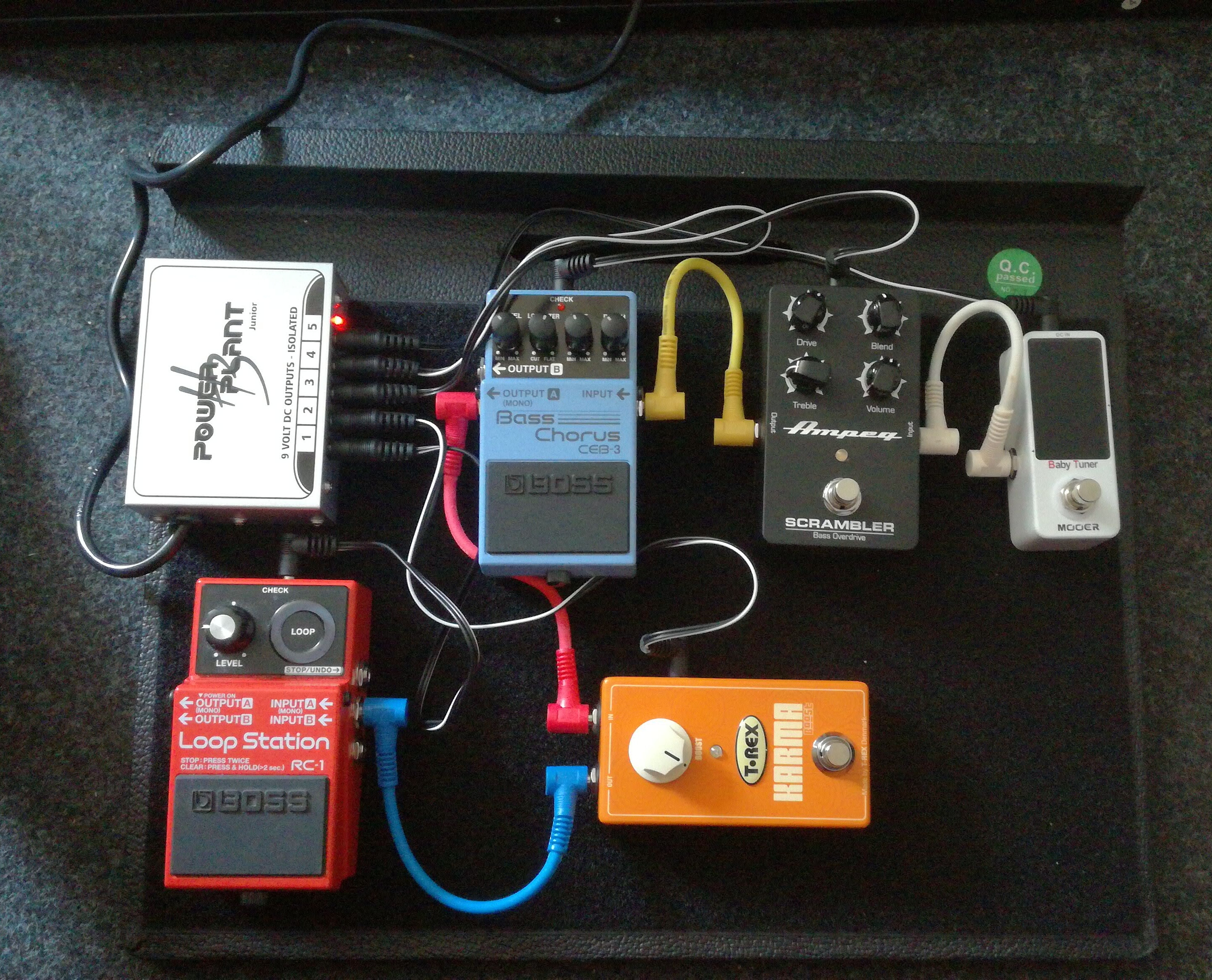 My first pedal board! Drive, Chorus, tuner, boost (because screw you