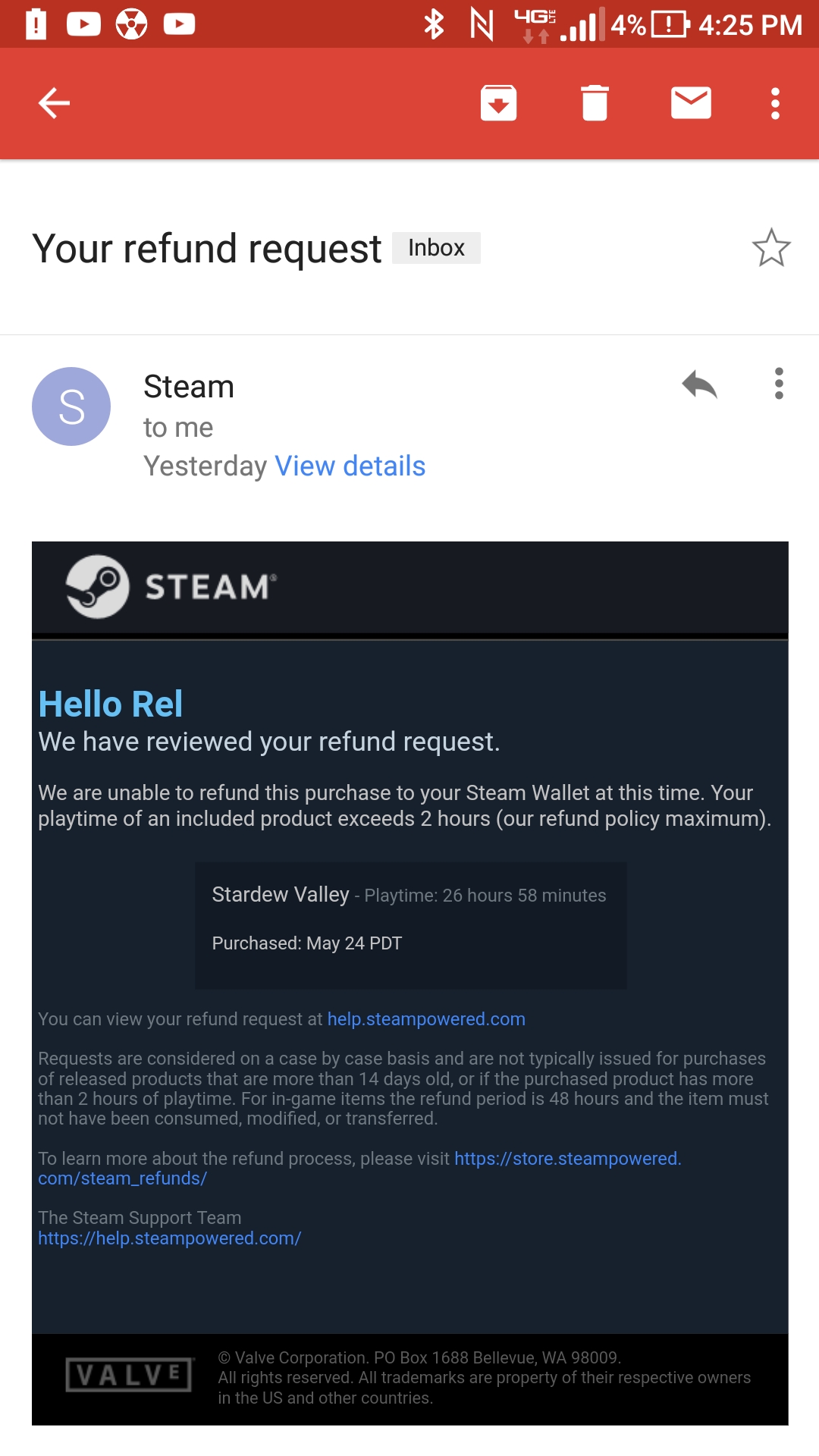 In Steam's refund policy it says they will review a refund request even if it is outside of the