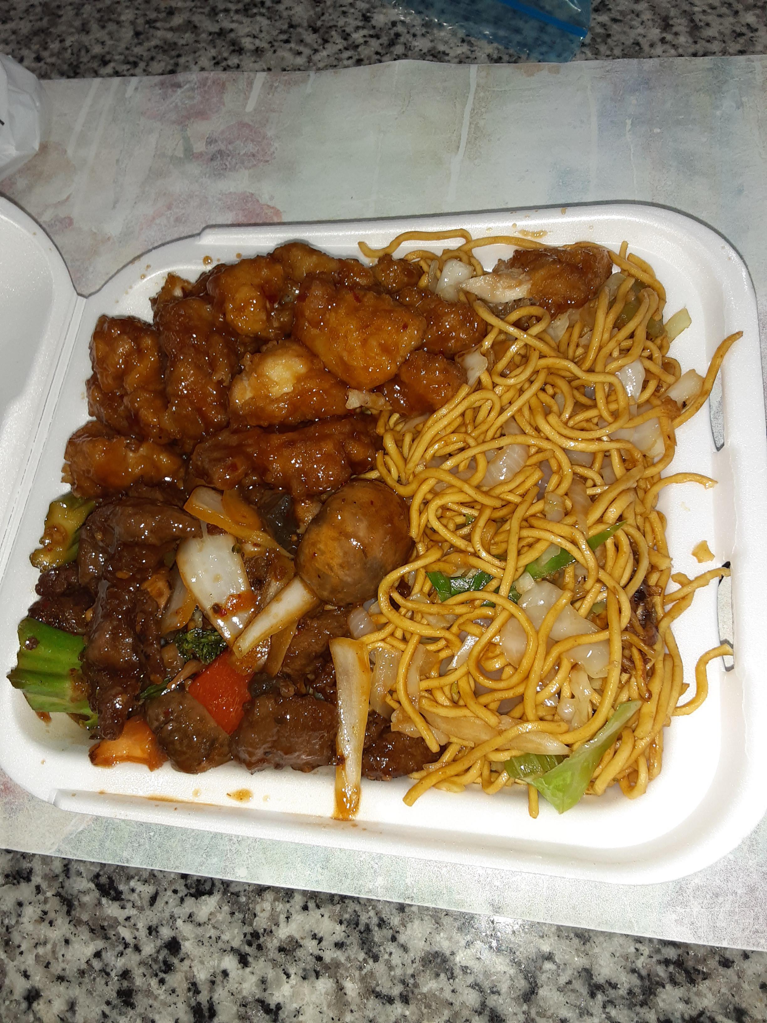 Panda Express meal Orange chicken, Chow Mein, Black Angus Beef r