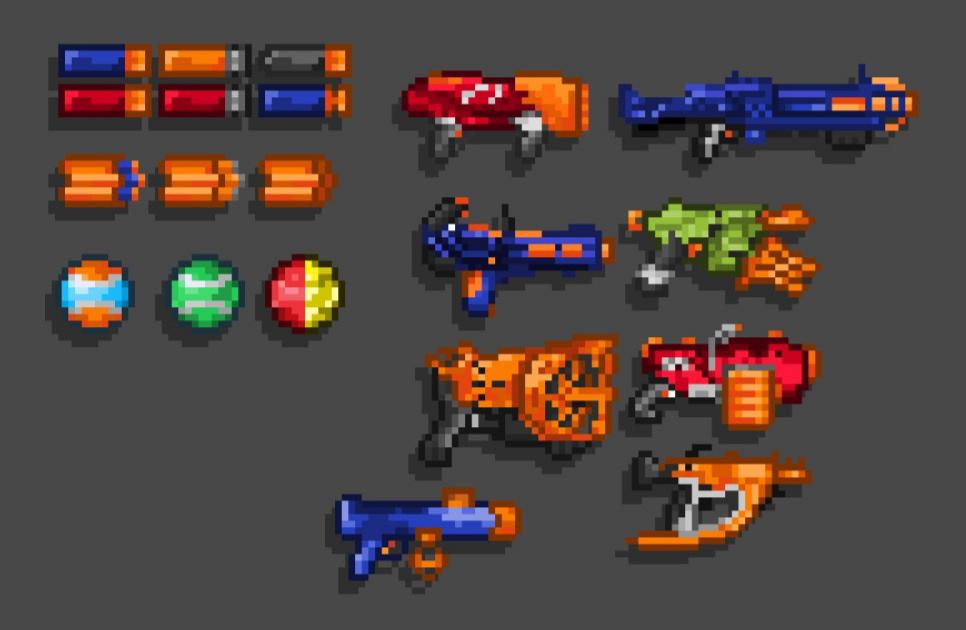 Some sprites from a nerf mod I'm working on for terraria. Any suggestions would be appreciated