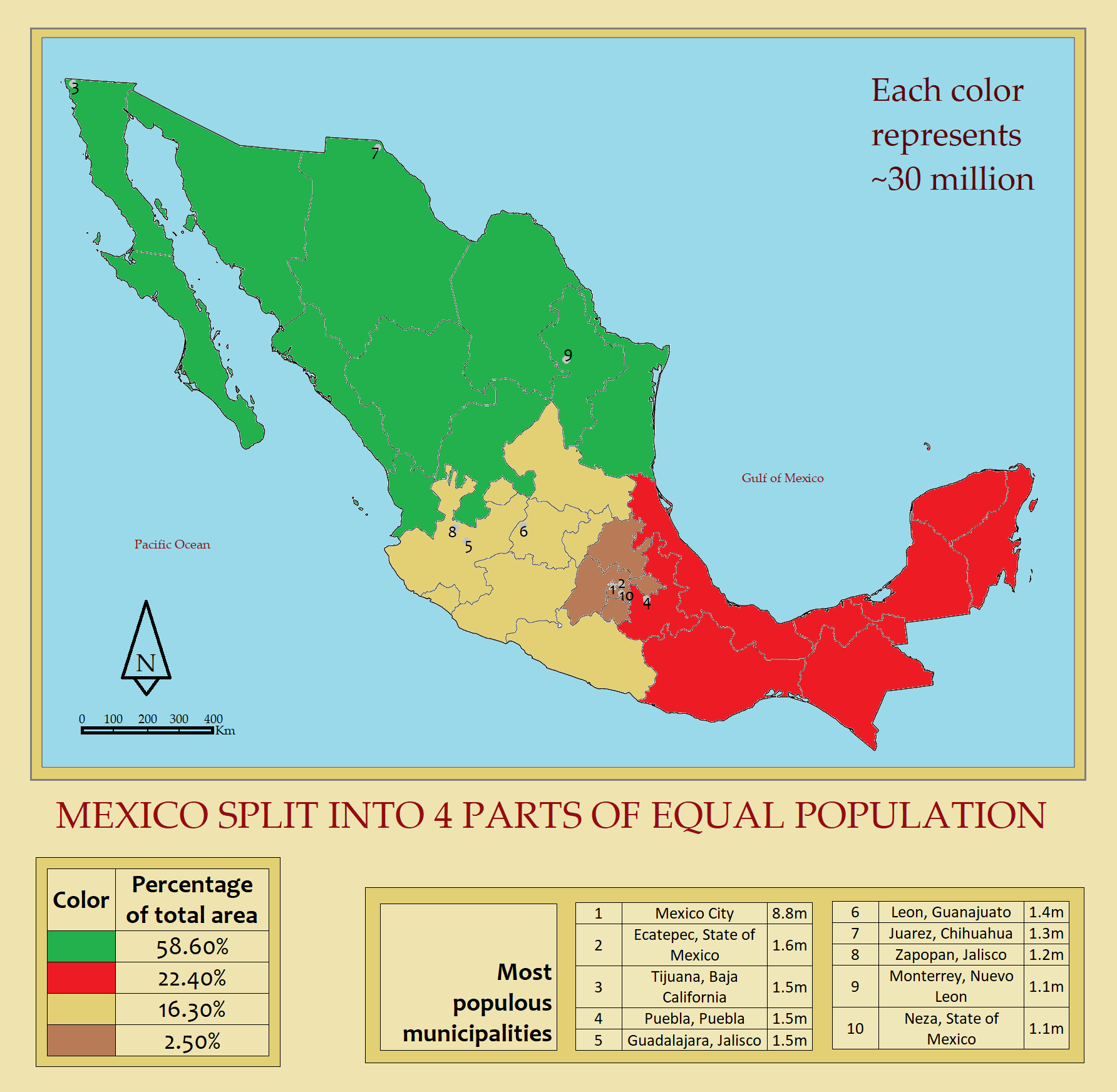Mexico split into 4 areas of equal population r/MapPorn