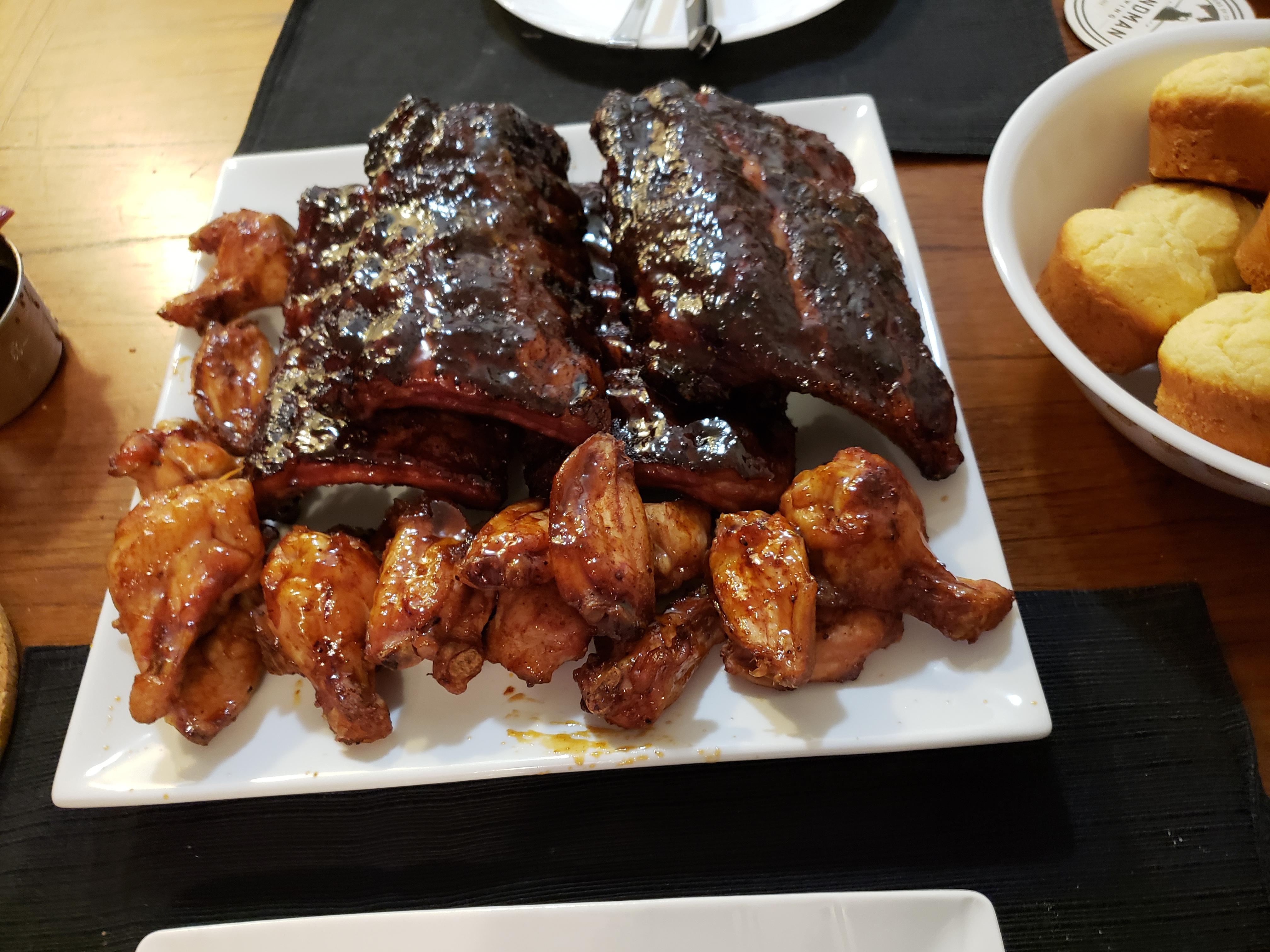 Game day feast, pork ribs and chicken wings r/smoking