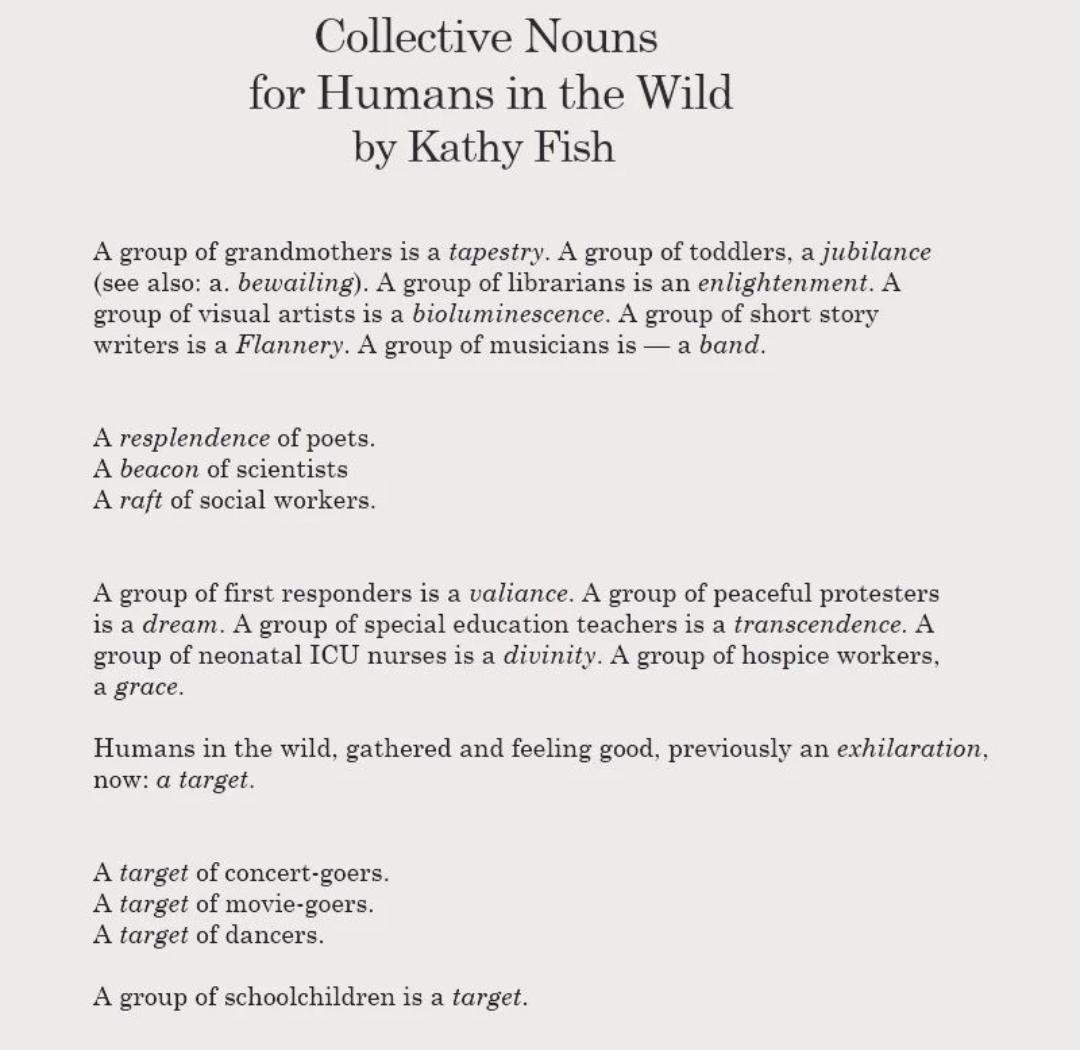 [POEM] Collective Nouns for Humans in the Wild by Kathy Fish r/Poetry