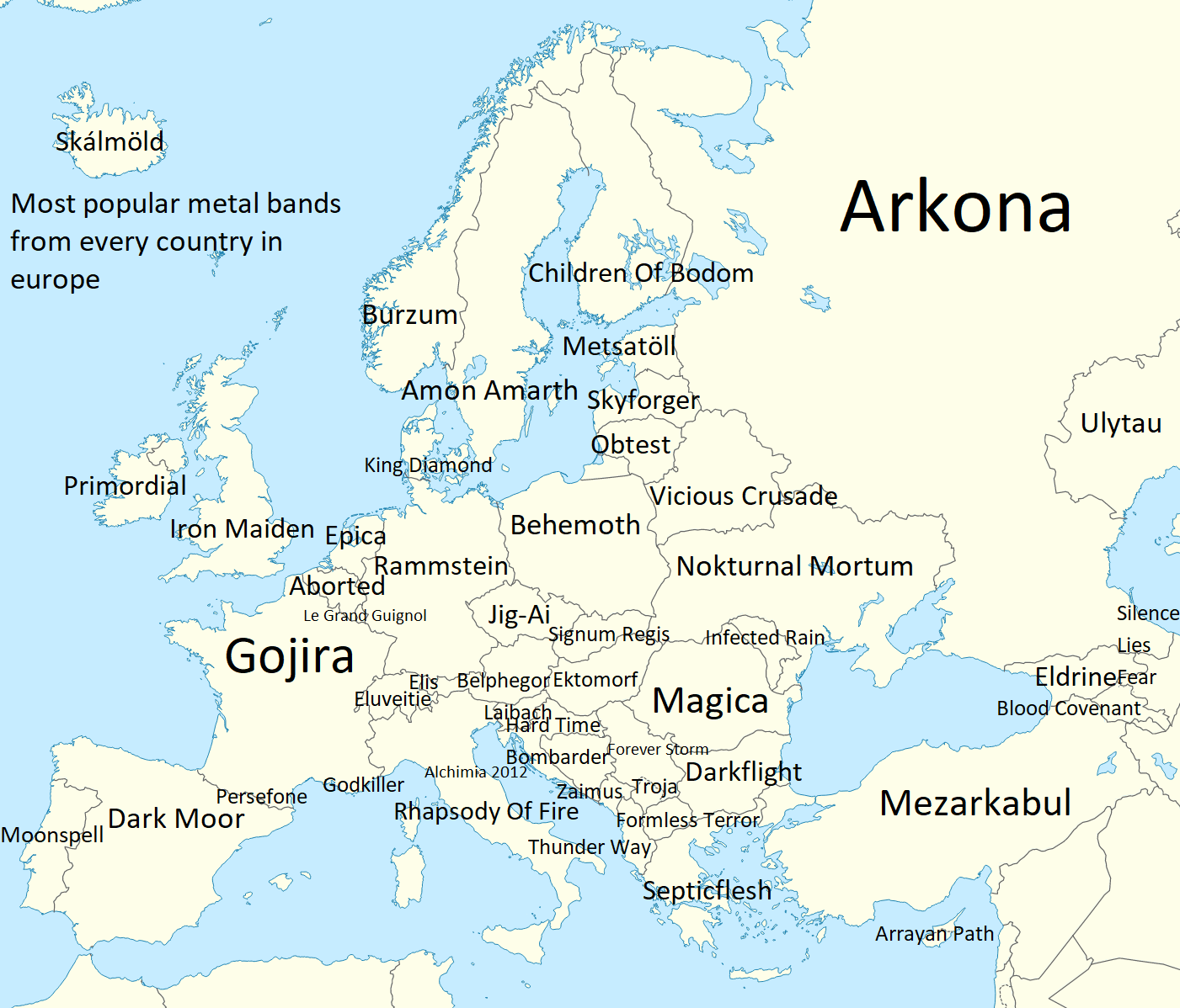 Most popular metal bands from every country in europe. r/MapPorn