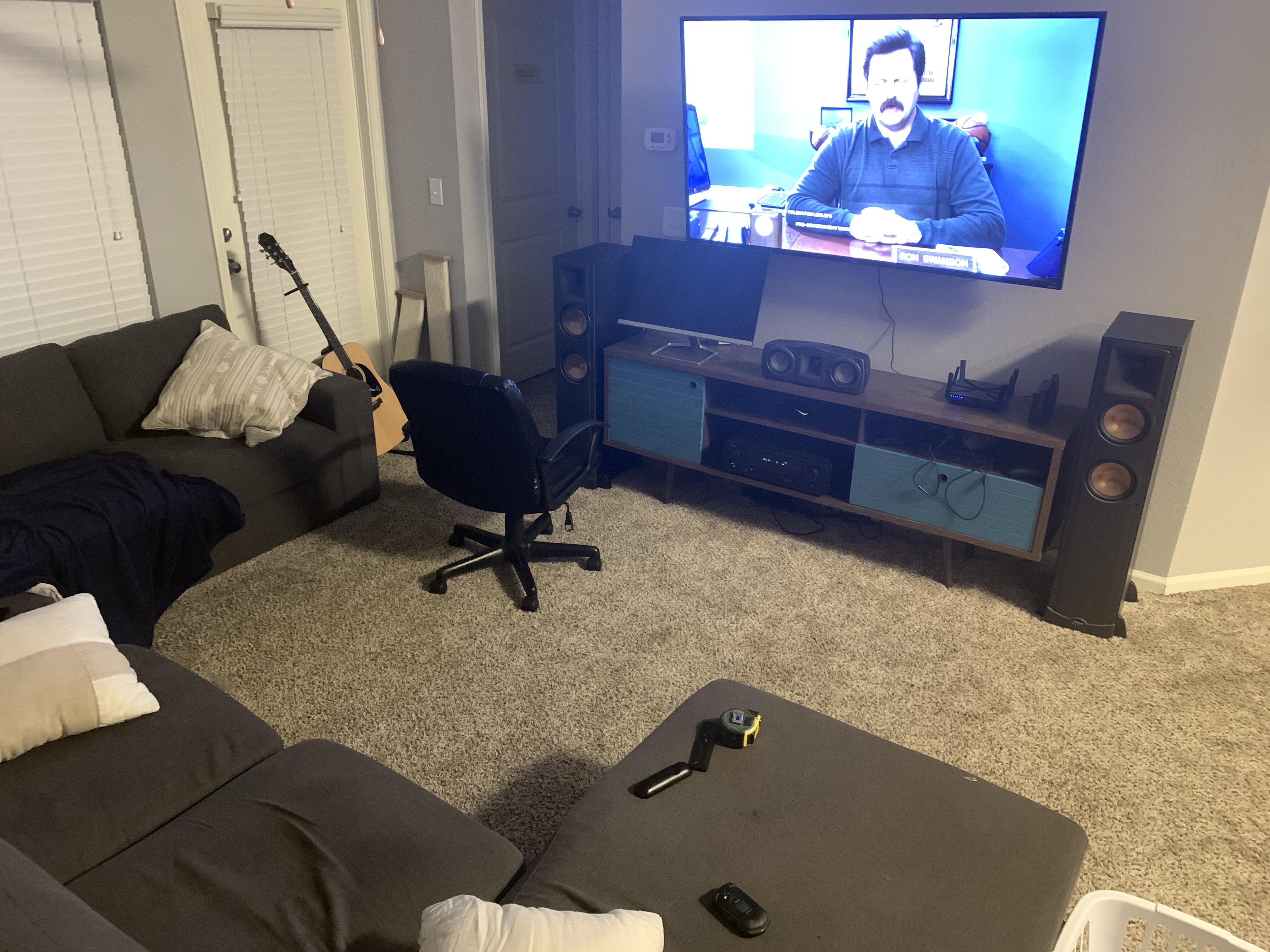Small room and odd couch 3.0 setup. Did the best I could, any tips? r