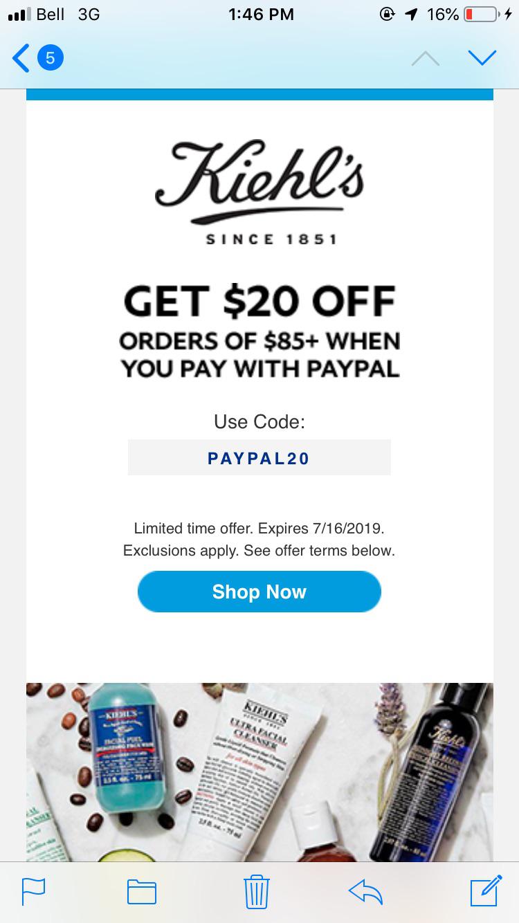 20 off any purchase of 85+ on Kiehl’s website when you use code