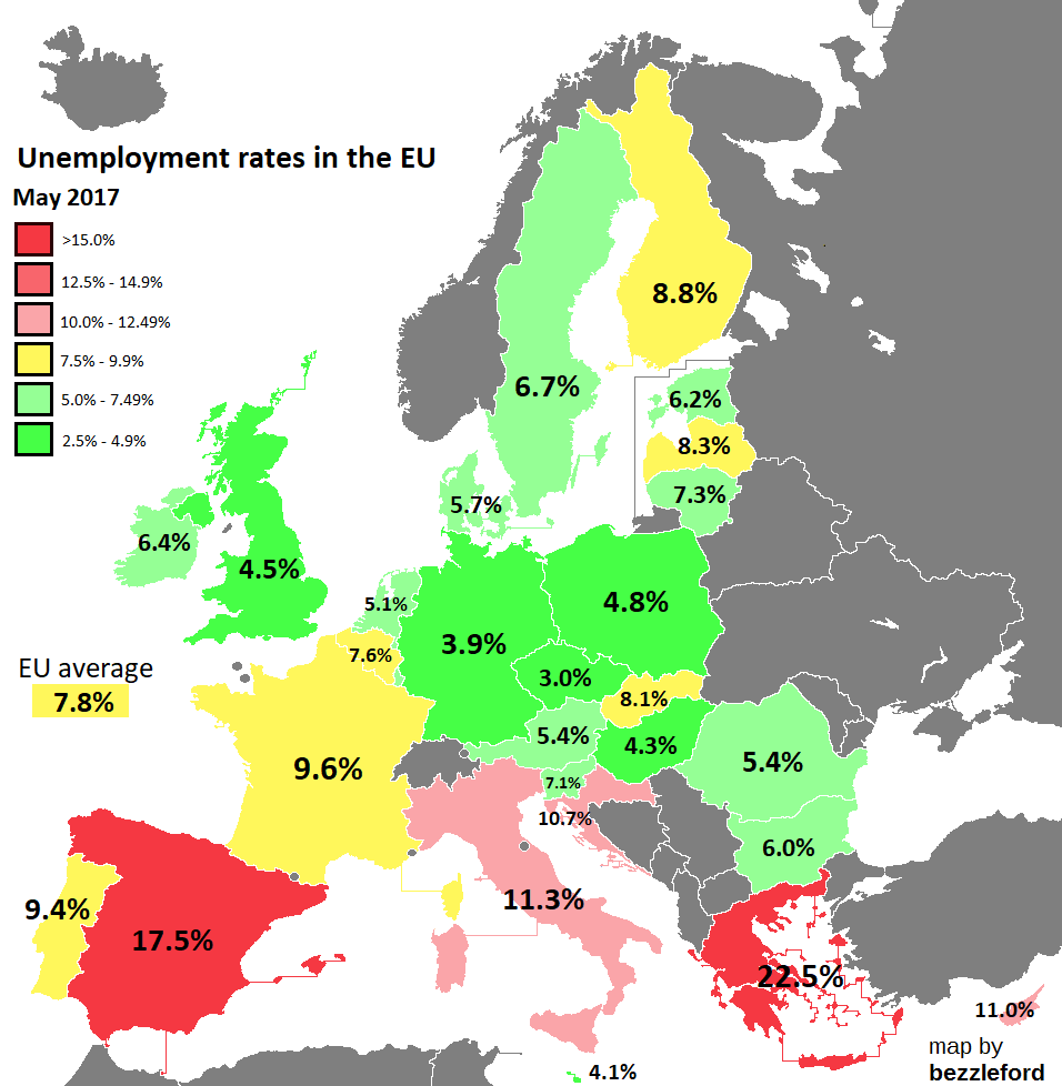 Unemployment rates in Europe May 2017 [OC] [956 x 978