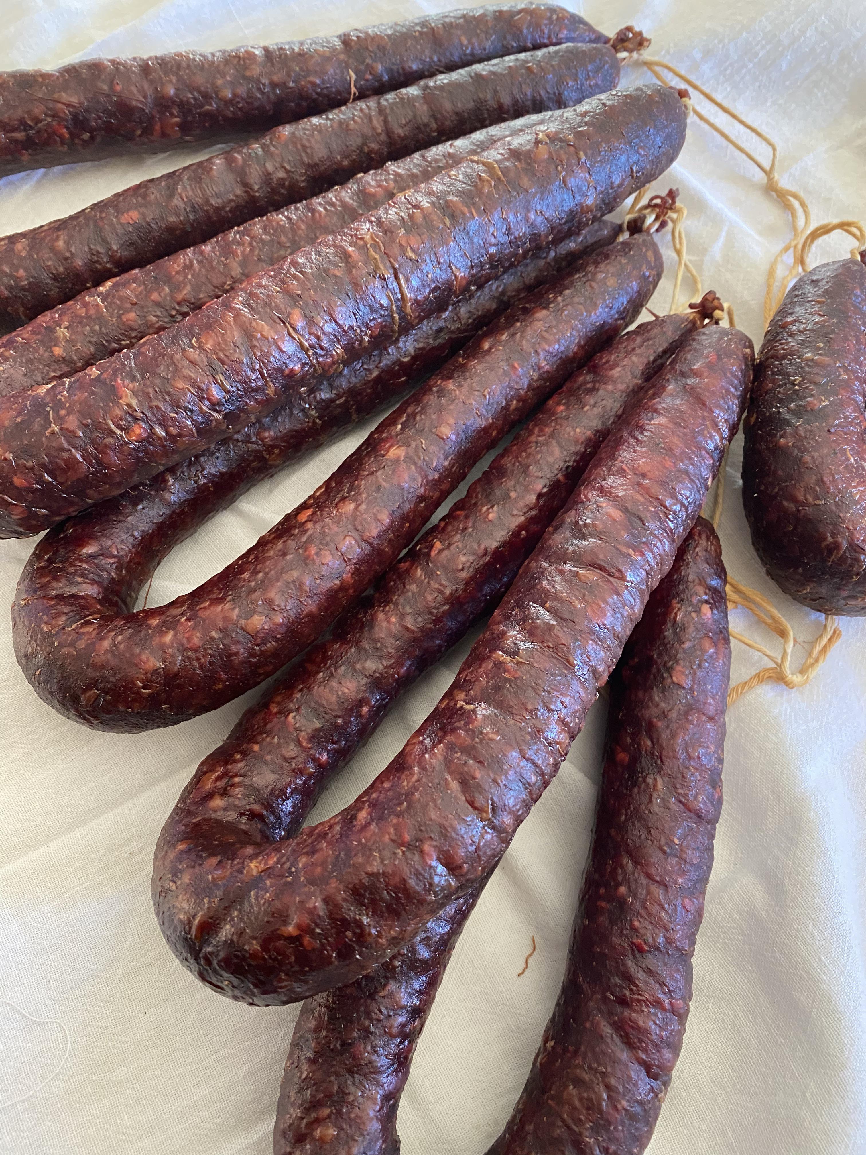 Taking a stab at a cold smoked, dry cured venison sausage. (Just over 2