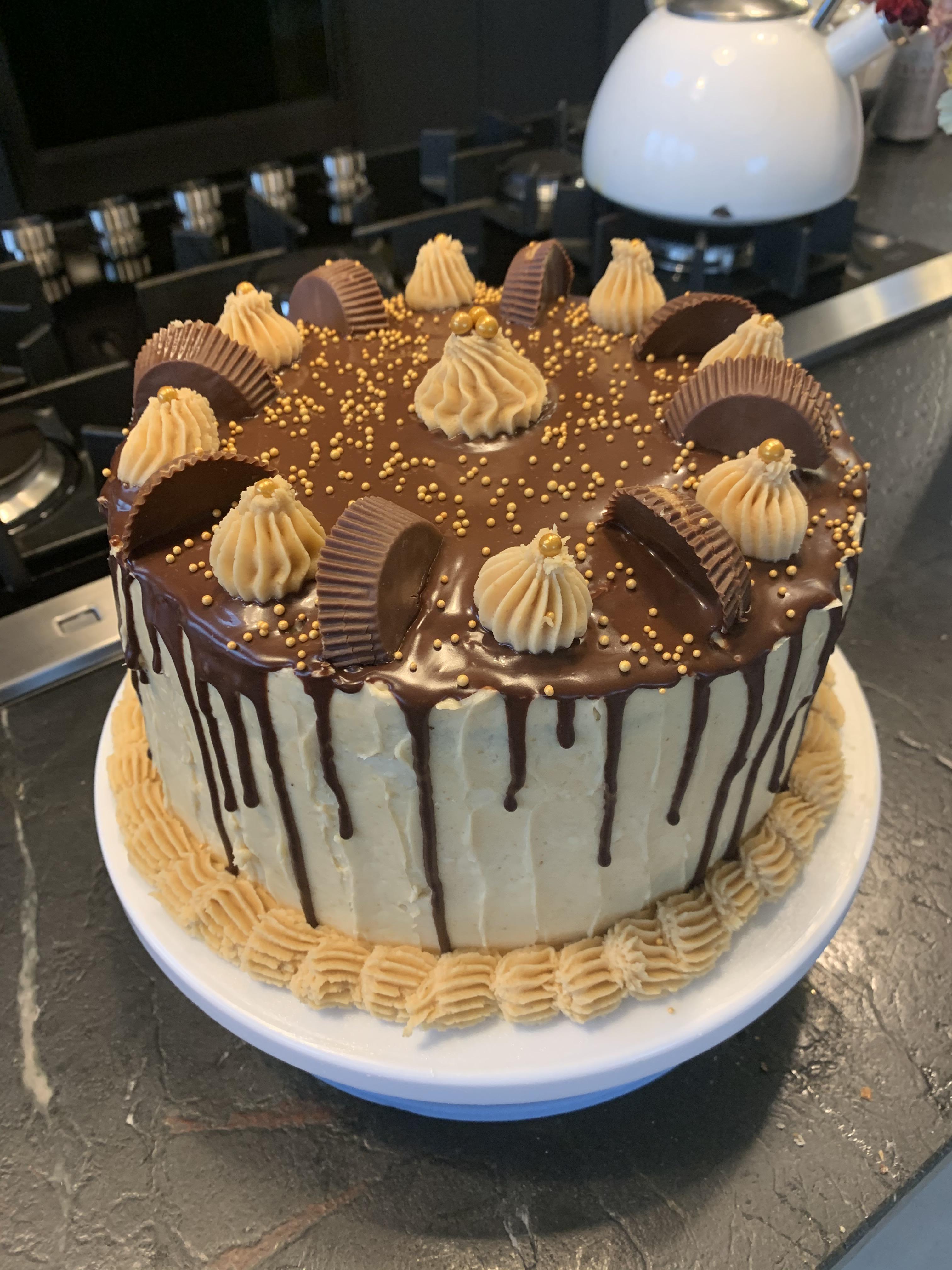 Chocolate peanut butter cake I made for my birthday r/cake