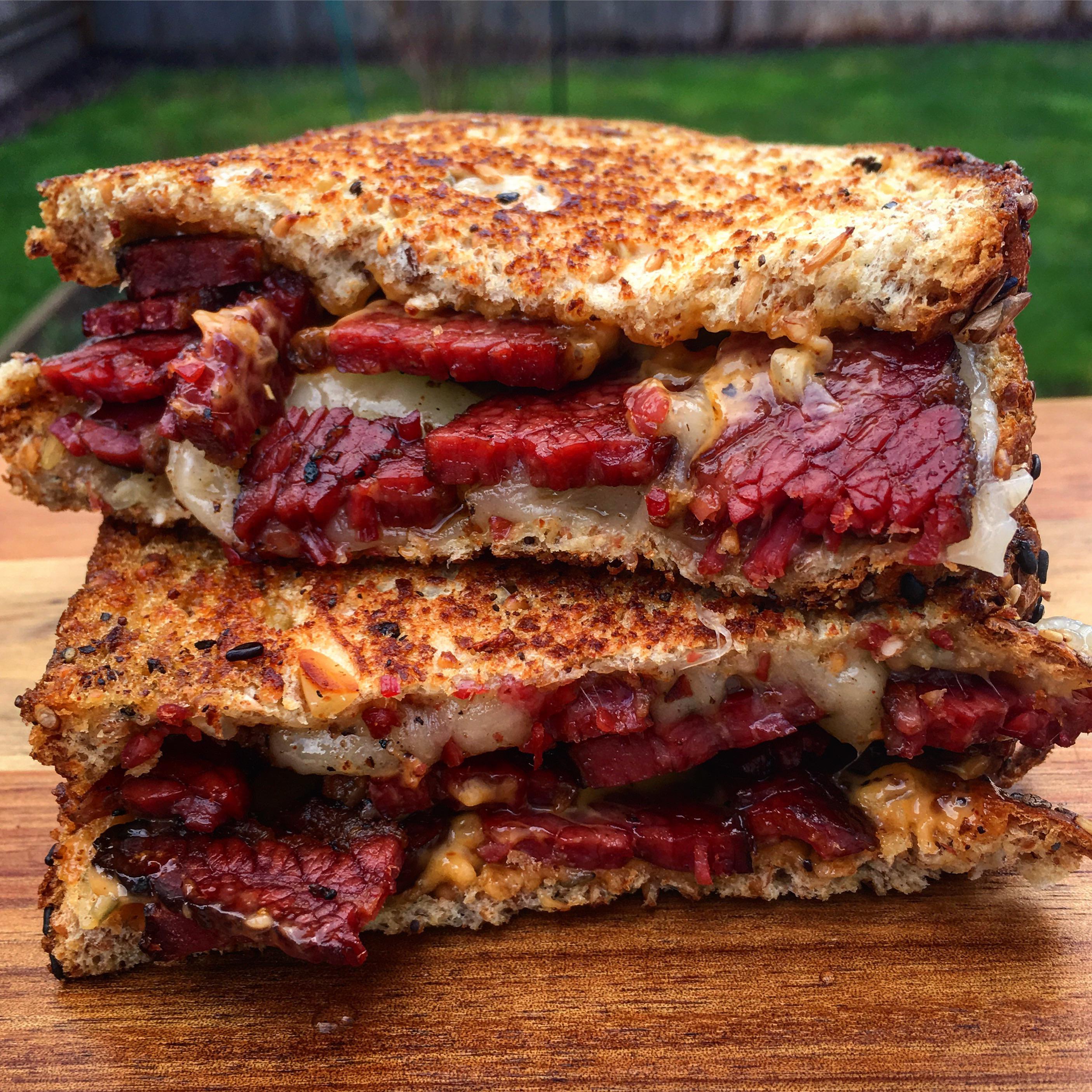 The best sando I ever made. Slow smoked pastrami grilled cheese with
