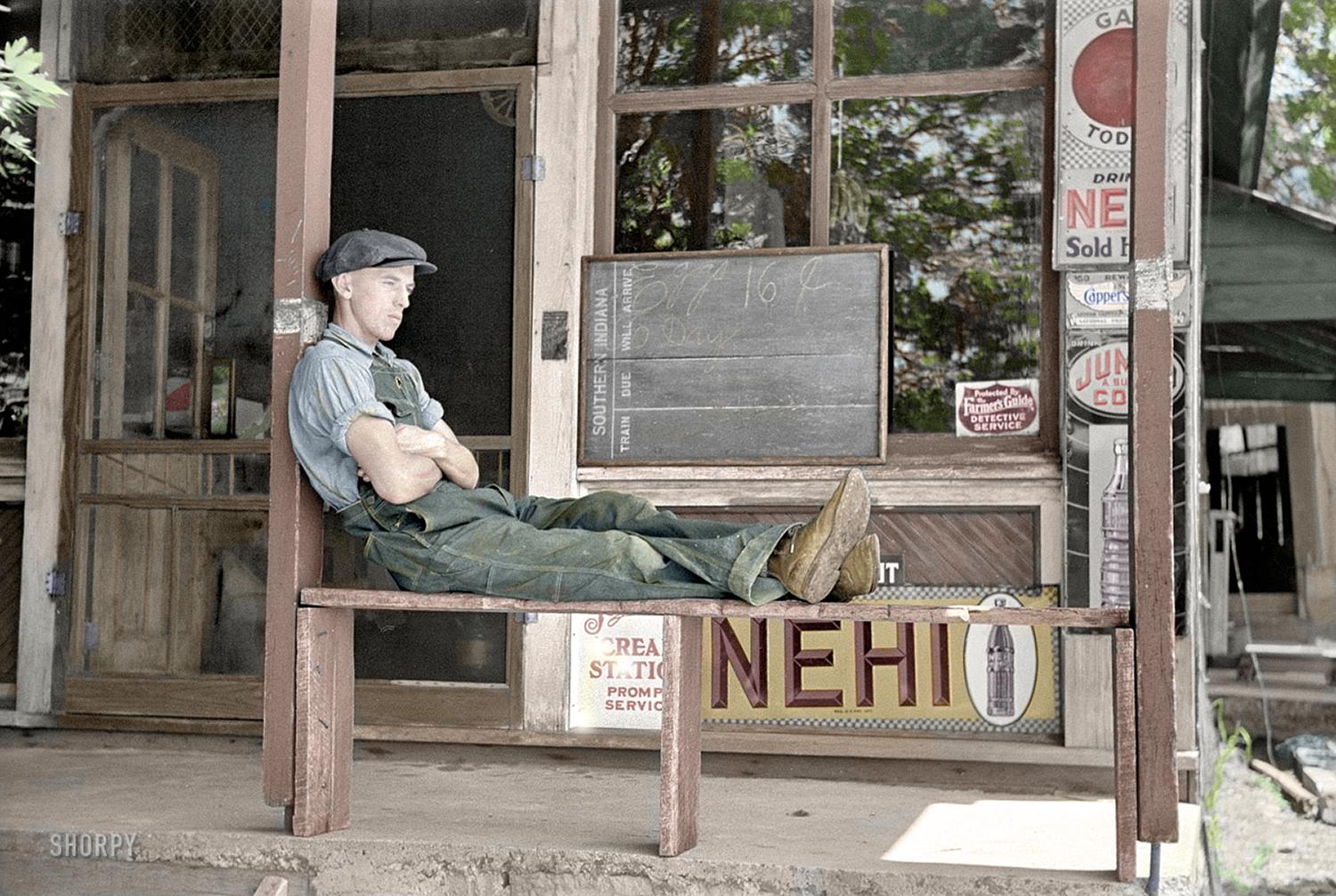 Resting in front of general store, Blankenship, Martin County, Indiana
