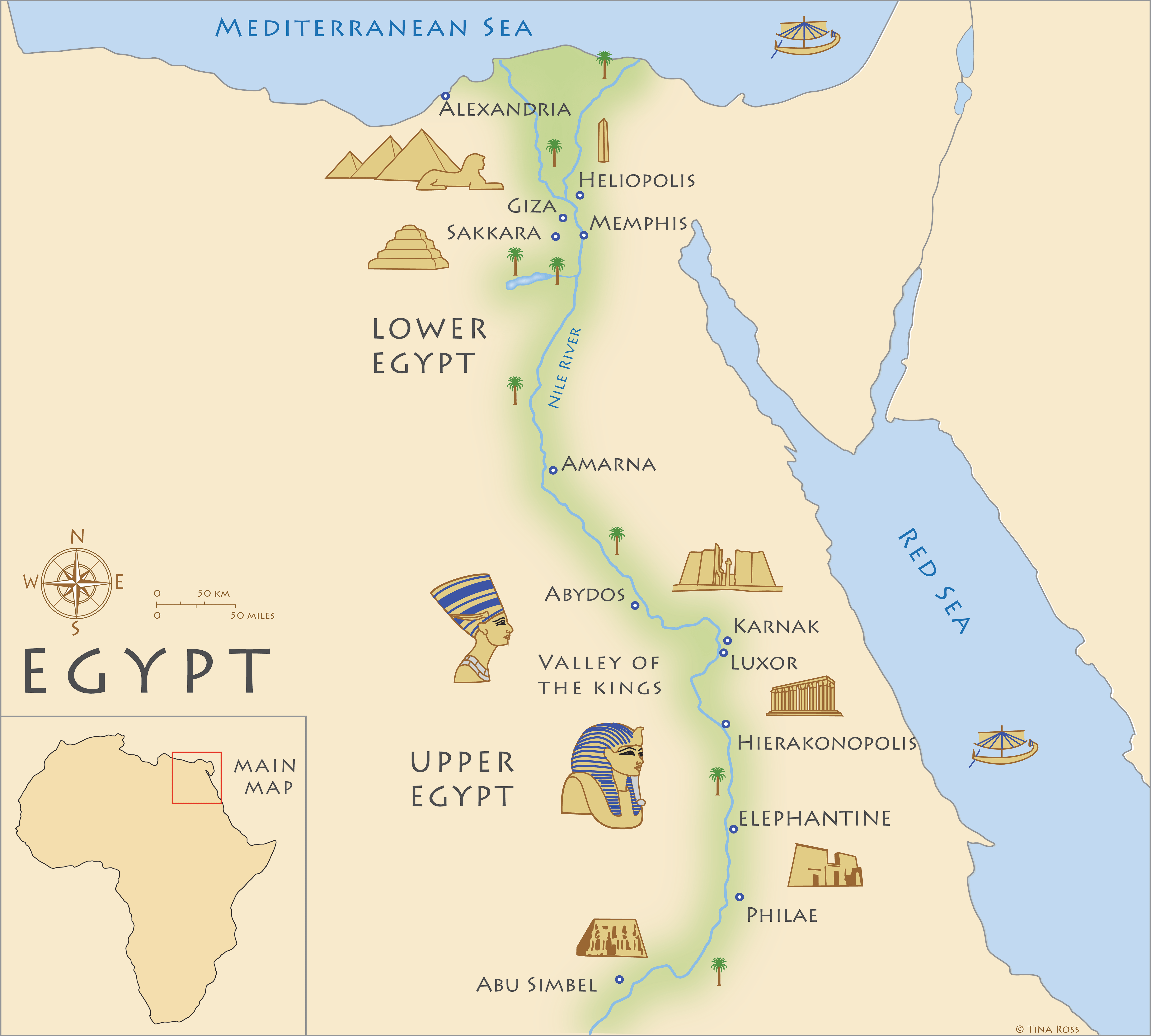 Map of Ancient Egypt, showing the major cities and archaeological sites