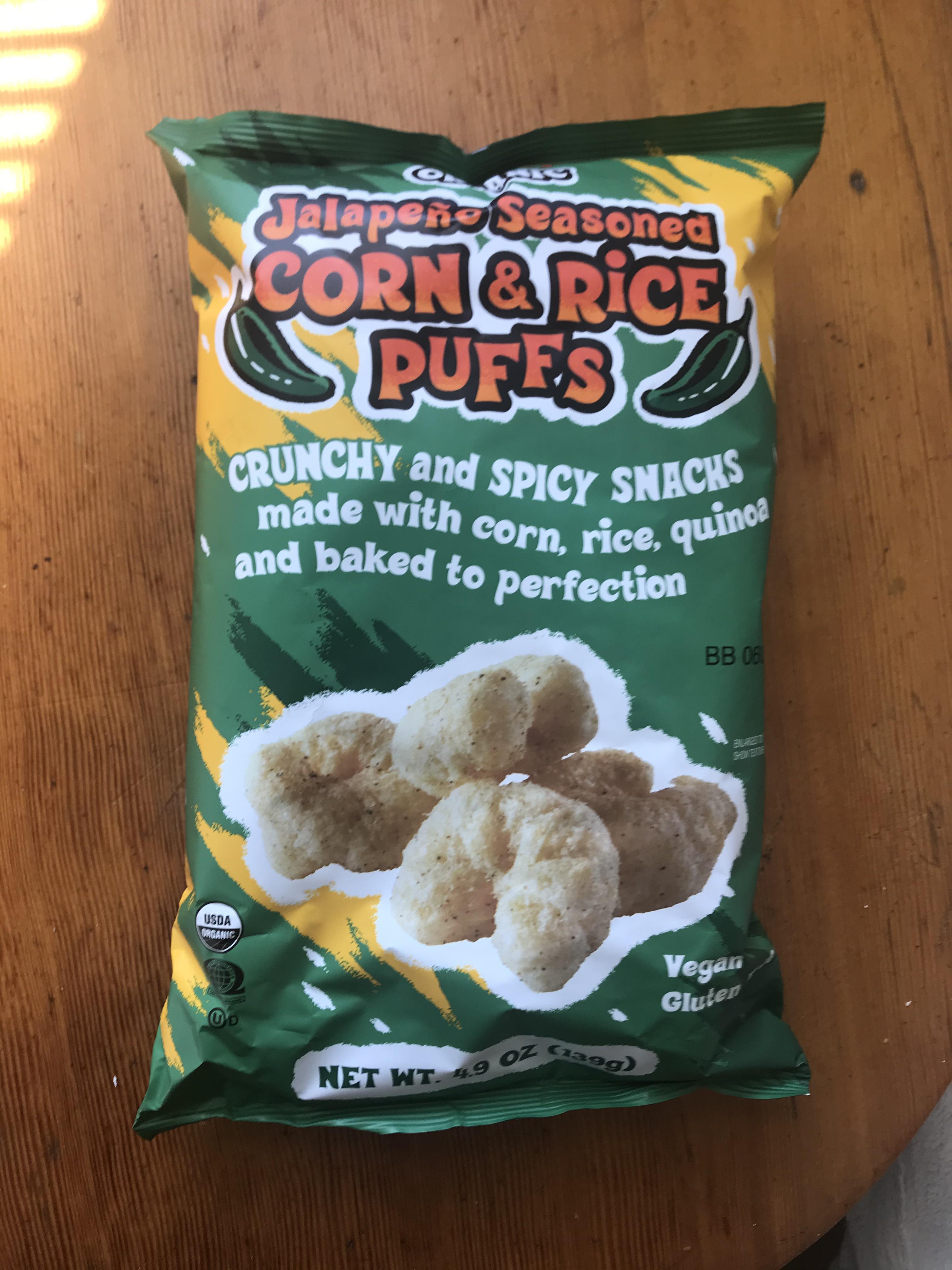 new product!! Jalapeño Seasoned Corn & Rice Puffs! Vegan and Gluten