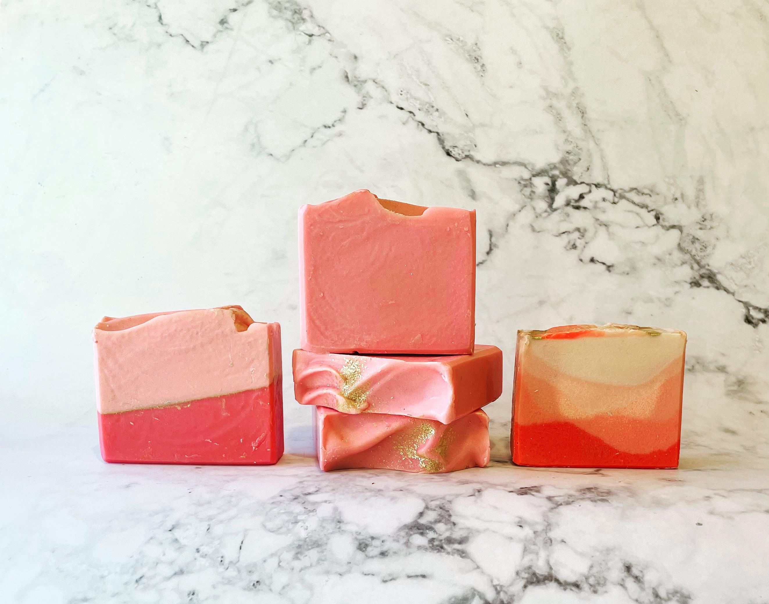 Some pink soaps! Mica line, solid bar, etc, topped with ecoglitter for