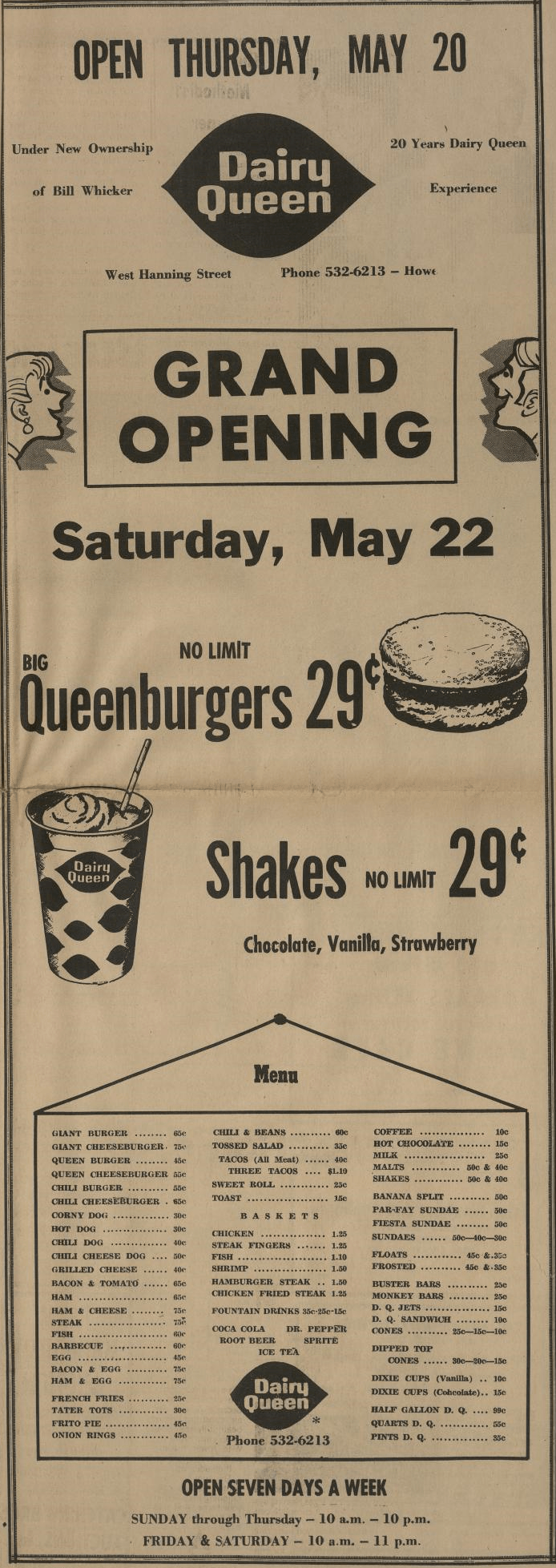 Grand Opening menu for Dairy Queen in Howe, TX (May 20, 1971) r
