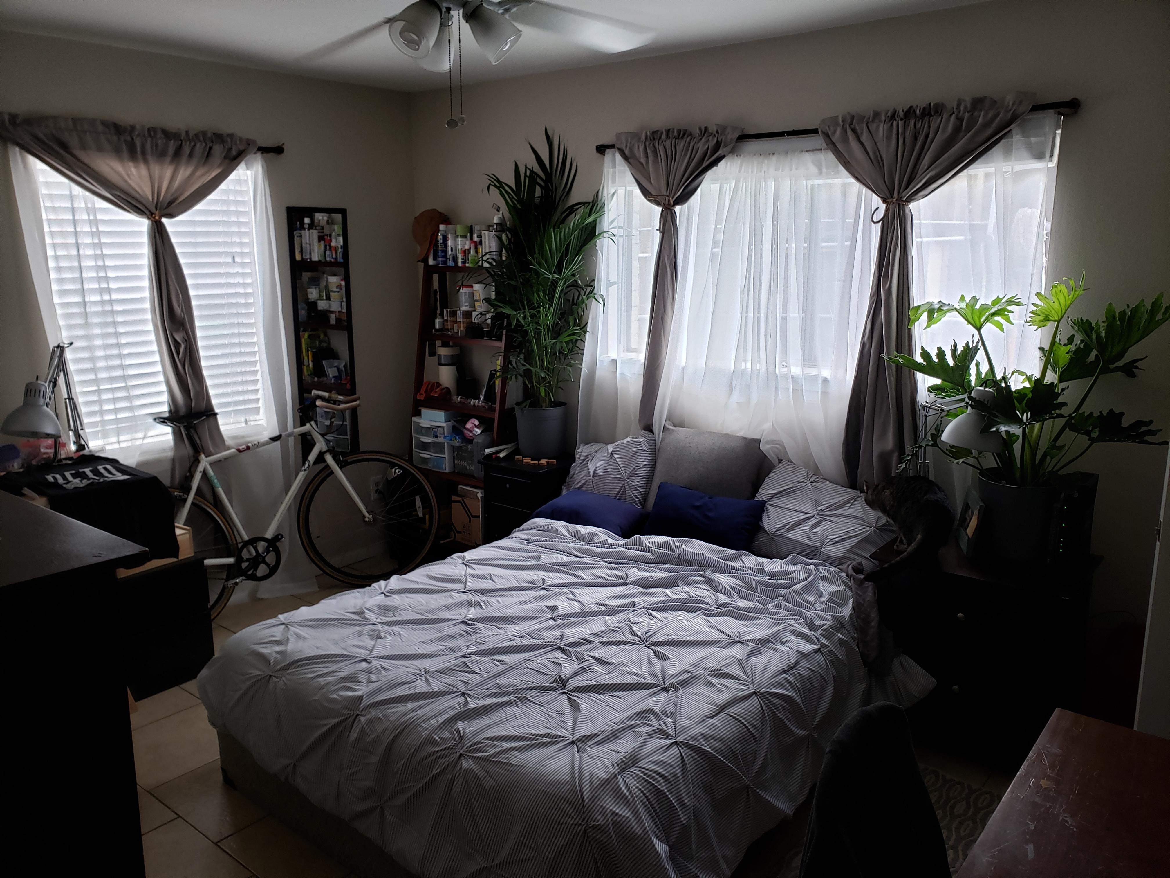 Finally got my bedroom set up in Houston, Texas. Bright day out! r