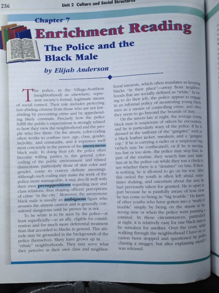 Old picture I found of my sociology textbook from high school. This is