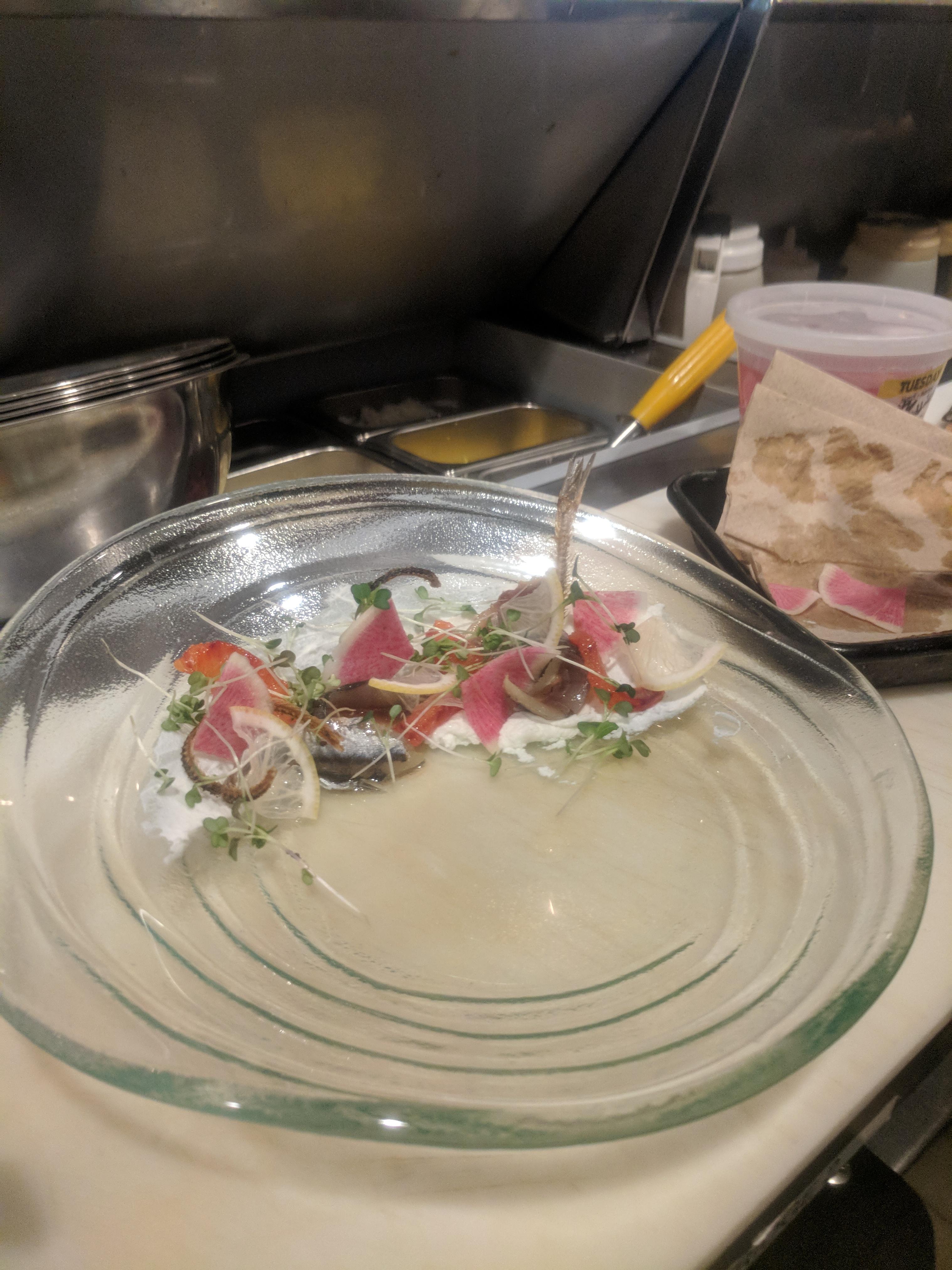 Fromage Blanc, House Cured Anchovies, Watermelon Radish, Blood Orange