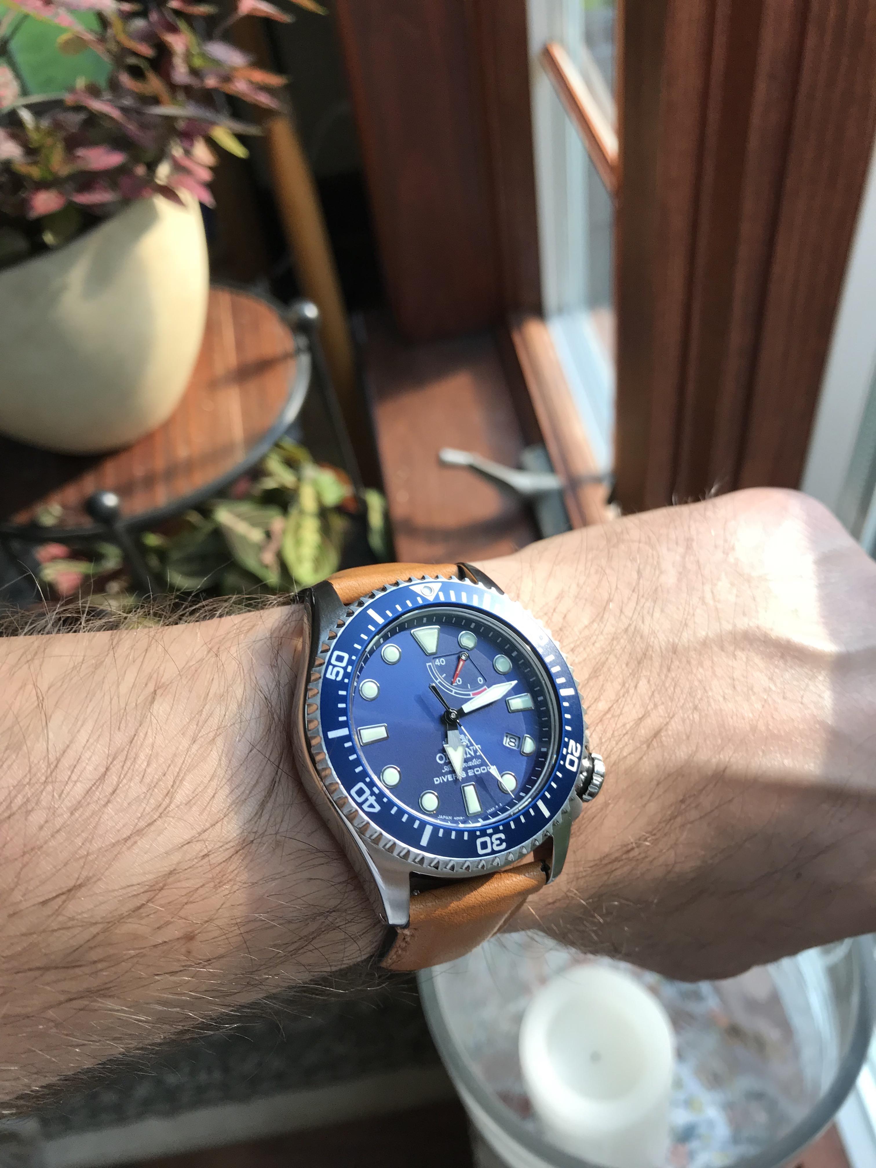 [Orient] Blue Triton on a light brown Horween leather strap r/Watches