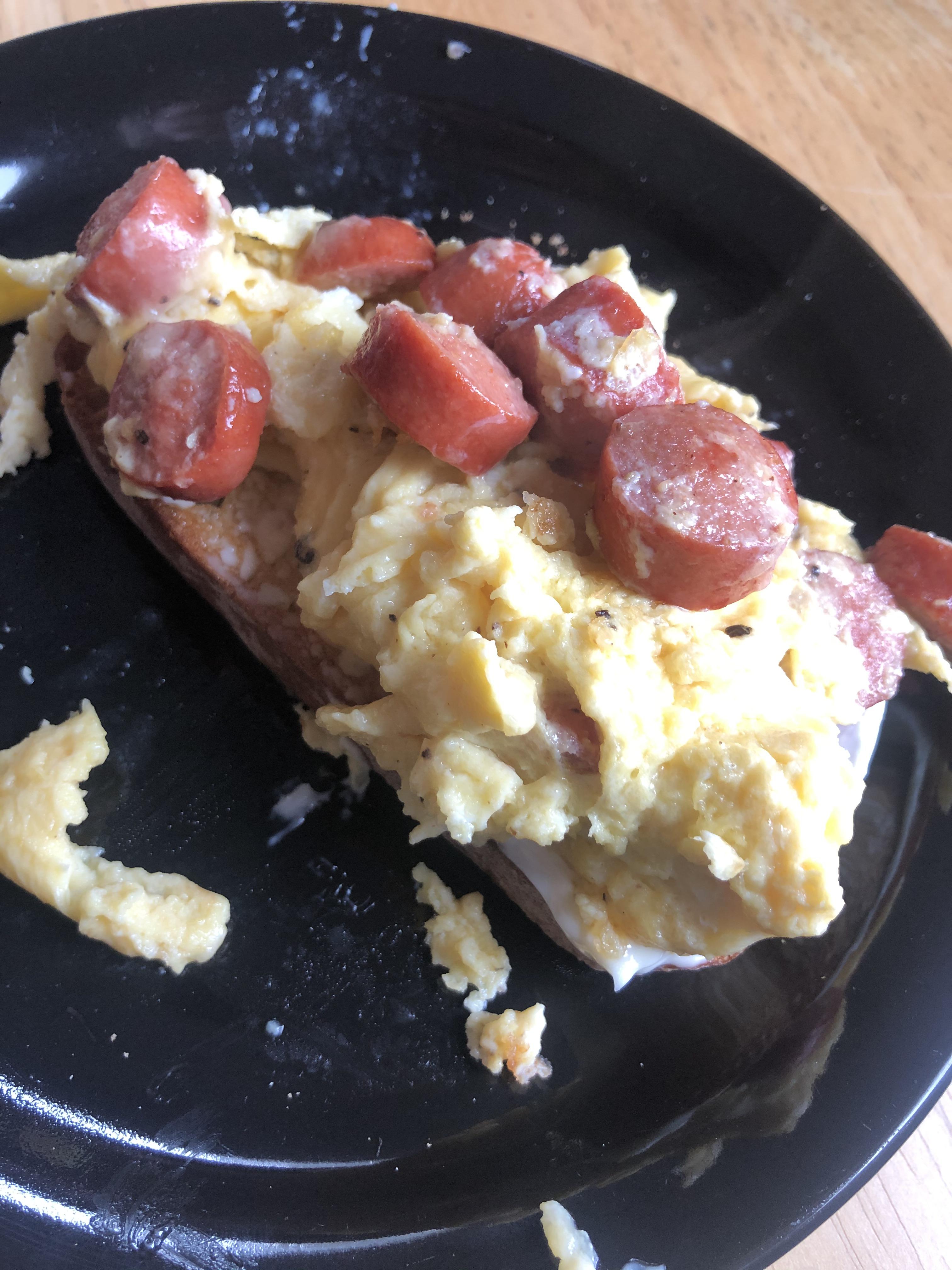 Hot dog, egg and Gouda openfaced sandwich shittyfoodporn