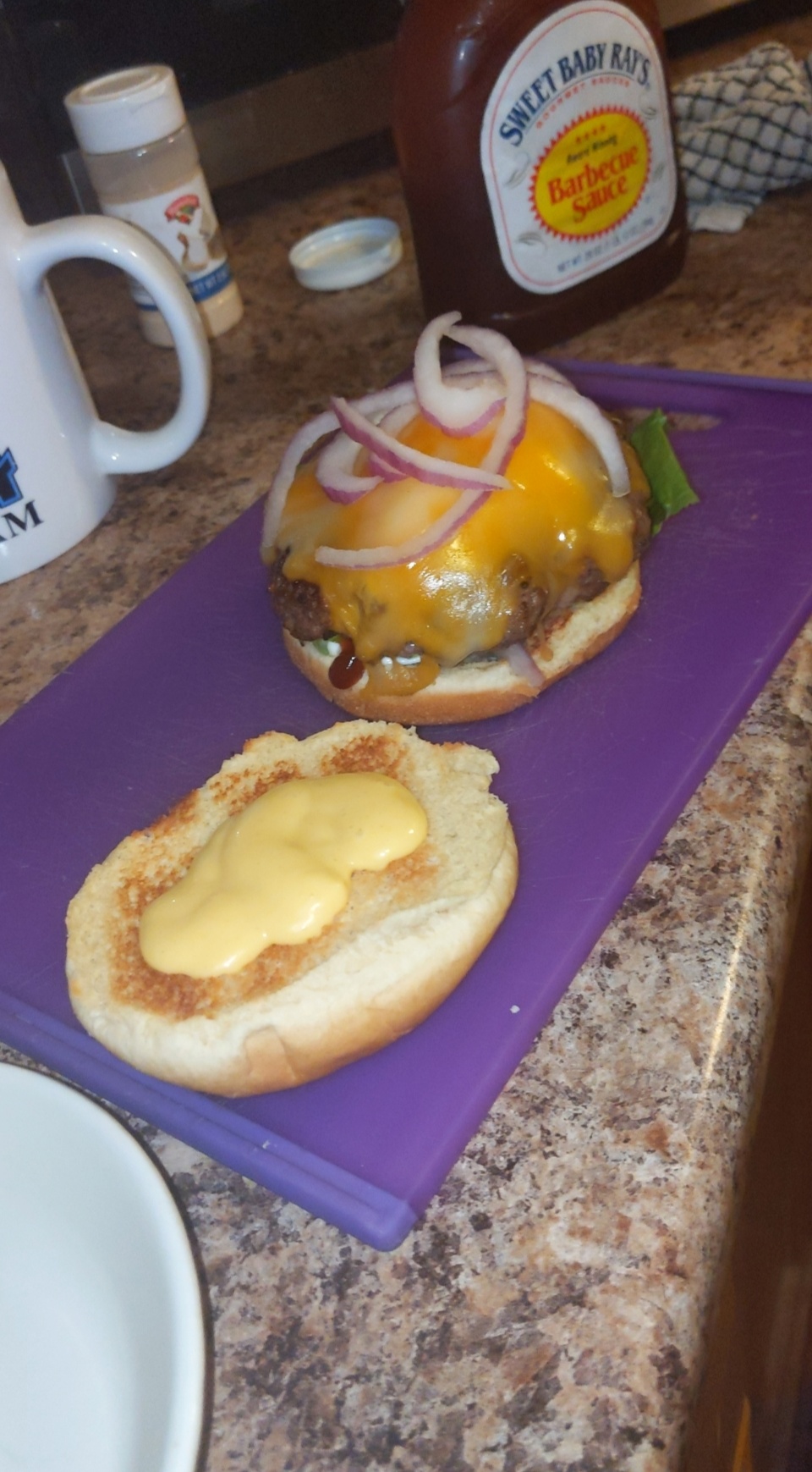 Lettuce, onion, mayo, bbq, and honey mustard highly seasoned meat! r