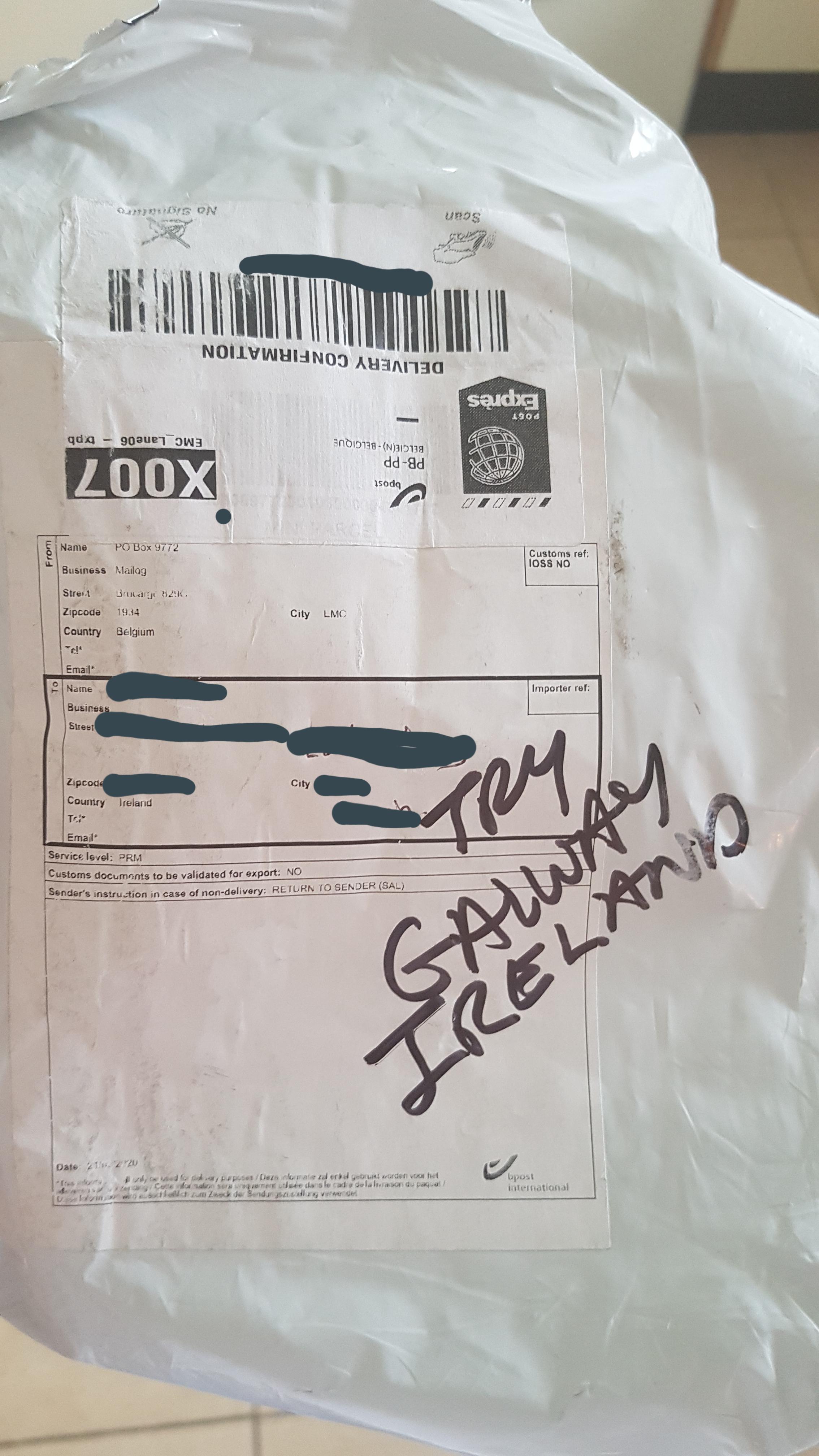 "Try Galway Ireland" This package arrived about a month late. The