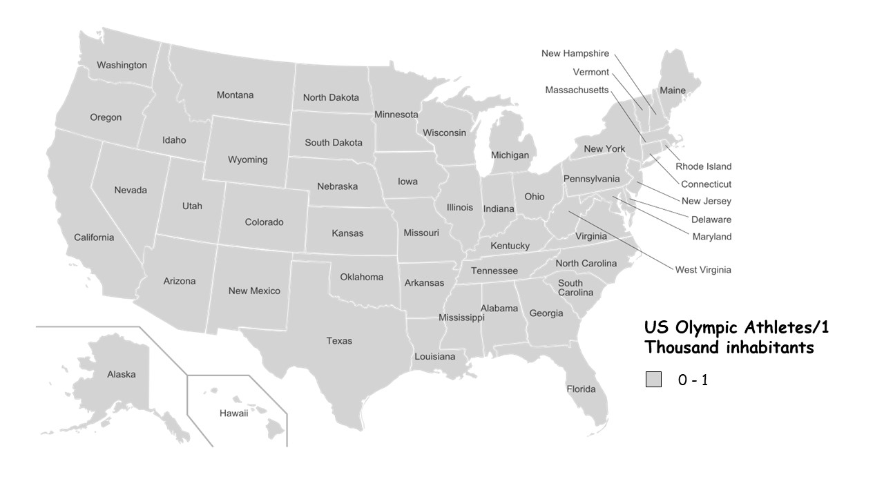 US States by Olympic Athletes Per Capita [OC] r/mapporncirclejerk