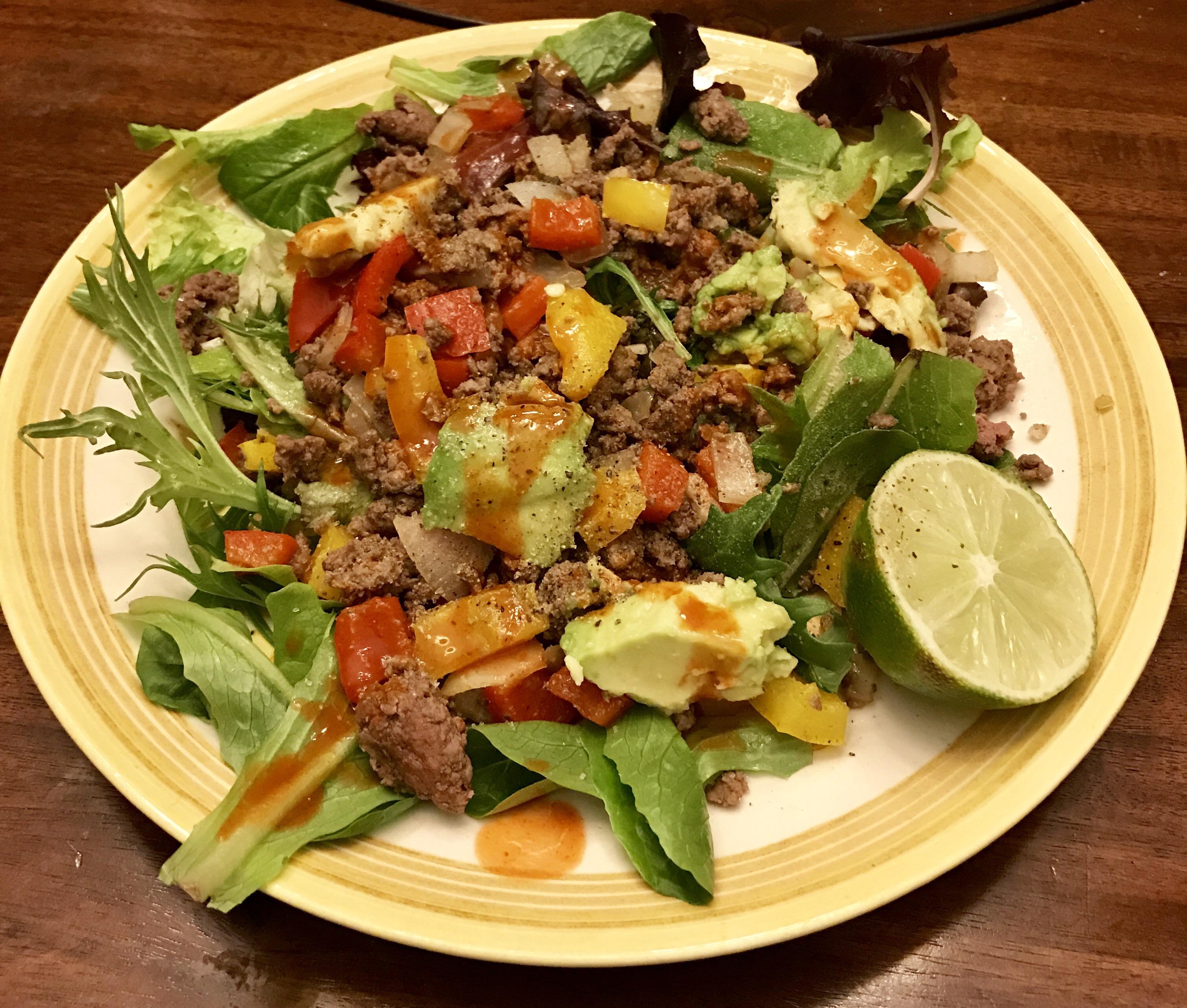 Taco Salad Grassfed beef, avocado, bell peppers, lime and spring mix