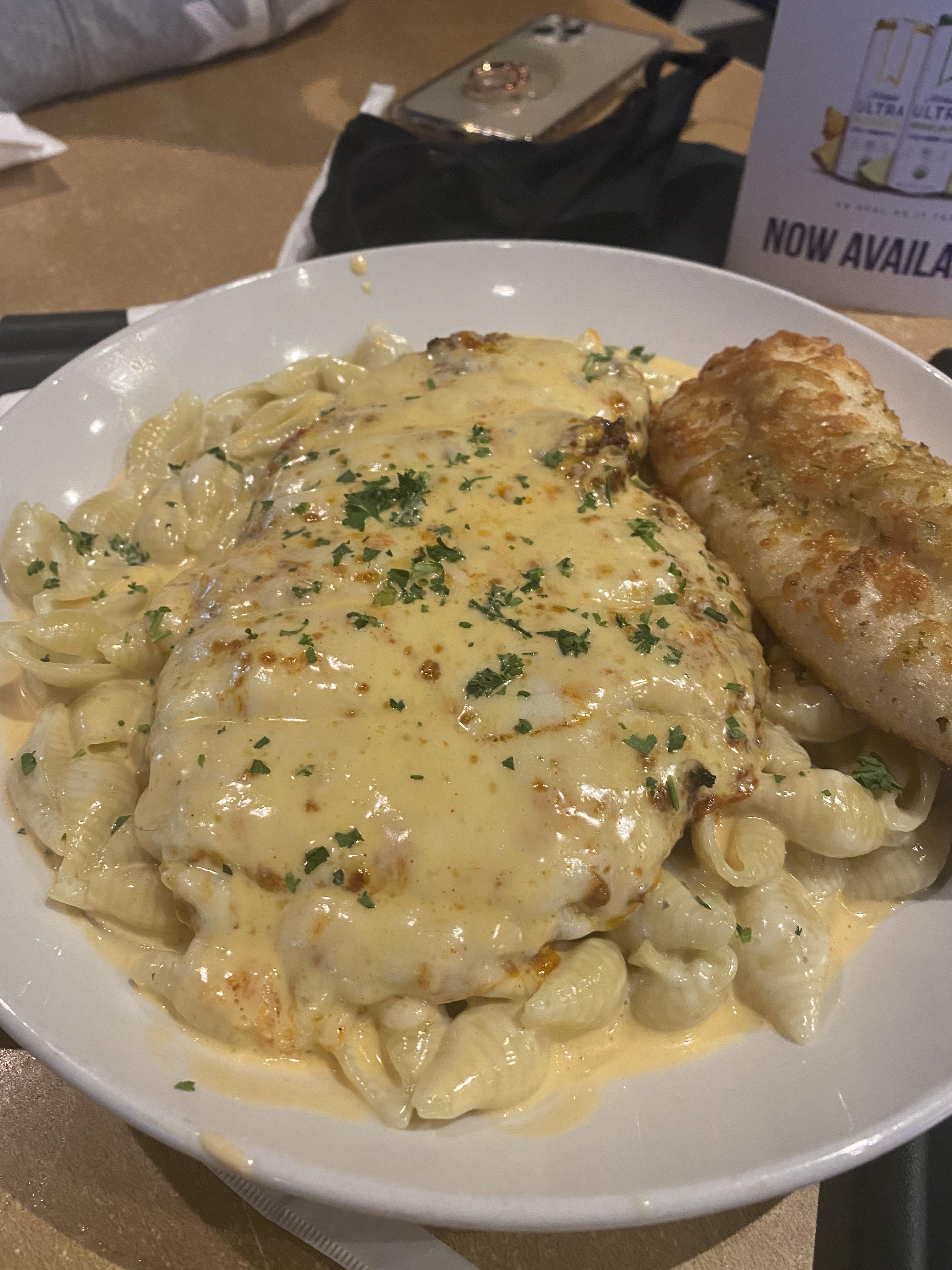 [I ate] Buffalo chicken Parmesan and shells with blue cheese cream