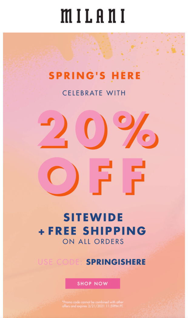 Milani Cosmetics 20 off sitewide + free shipping use code