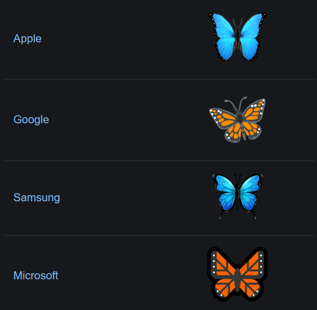iOS and Android butterfly emoji's are a Monarch and a Morpho r