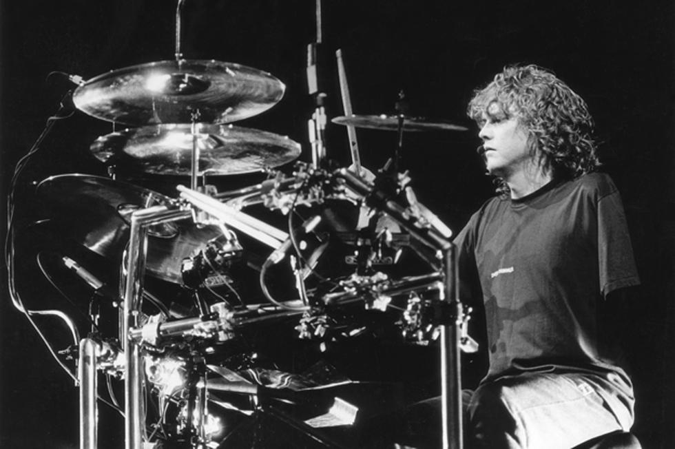Drummer Rick Allen playing the drums in 1987 after having lost his arm