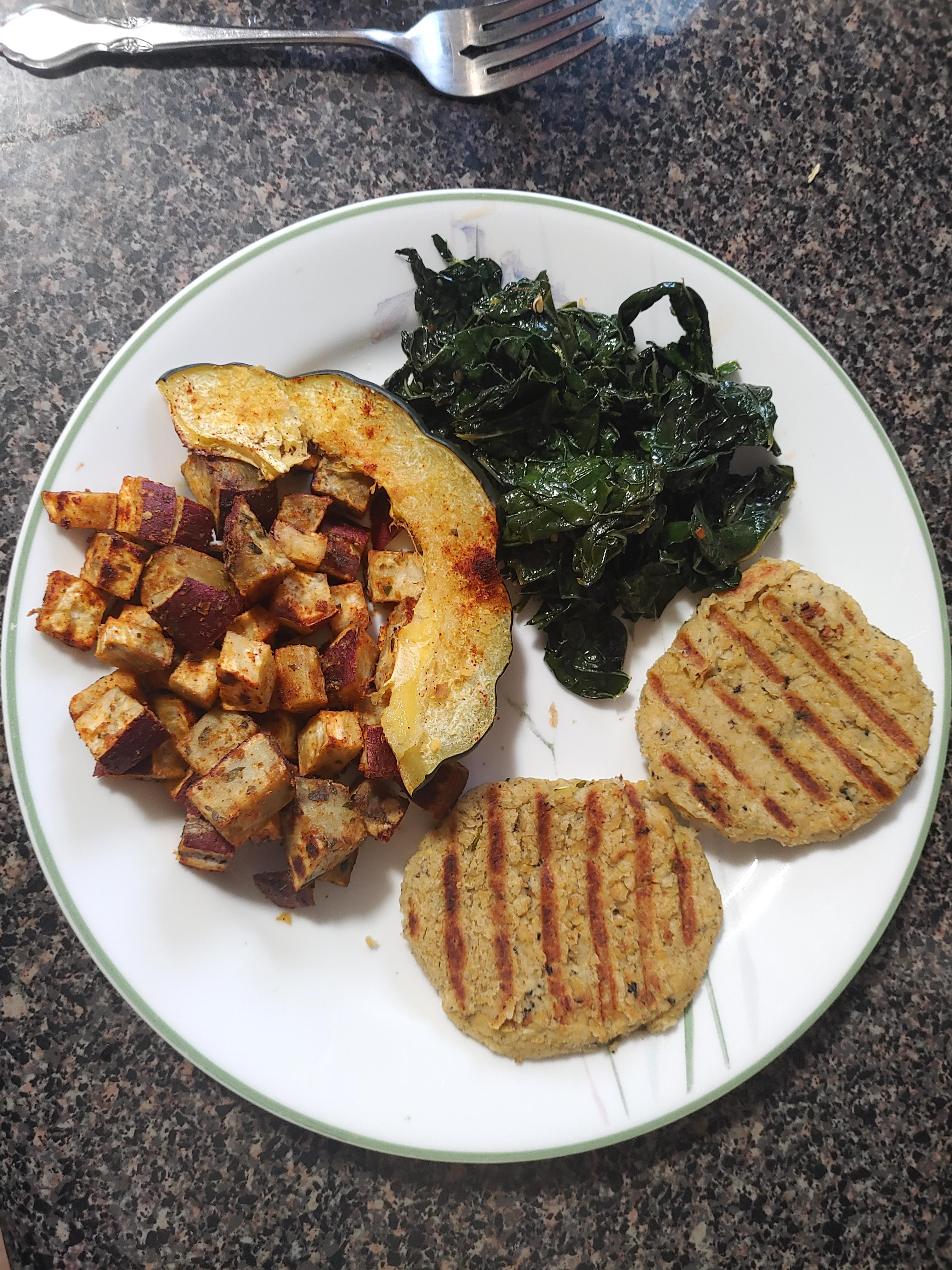 "crab cakes" with roasted Japanese yams, acorn squash, and spicy kale