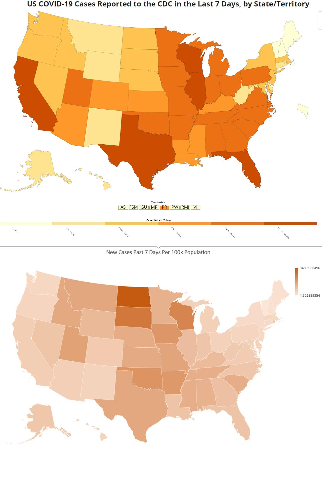 [OC] CDC New Cases last 7 days map vs OC New Cases per 100k population map (the much more useful