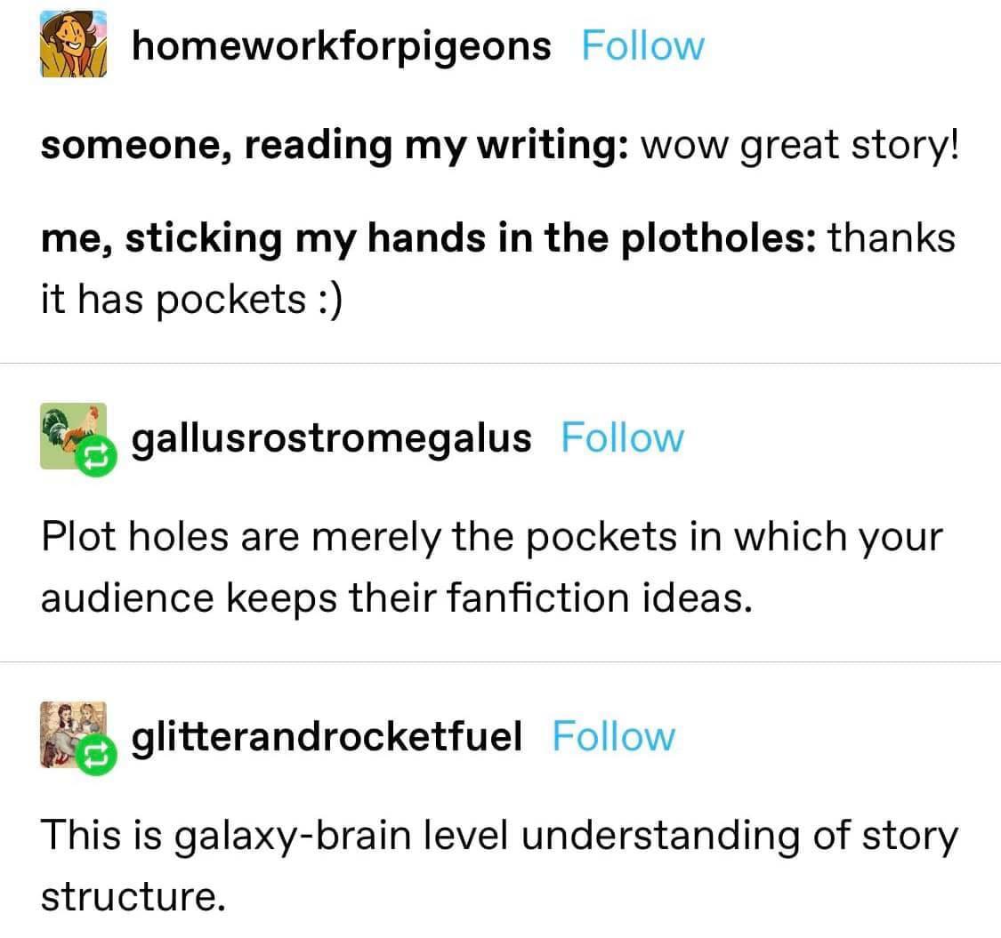 Plot holes are merely the pockets in which your audience keeps their