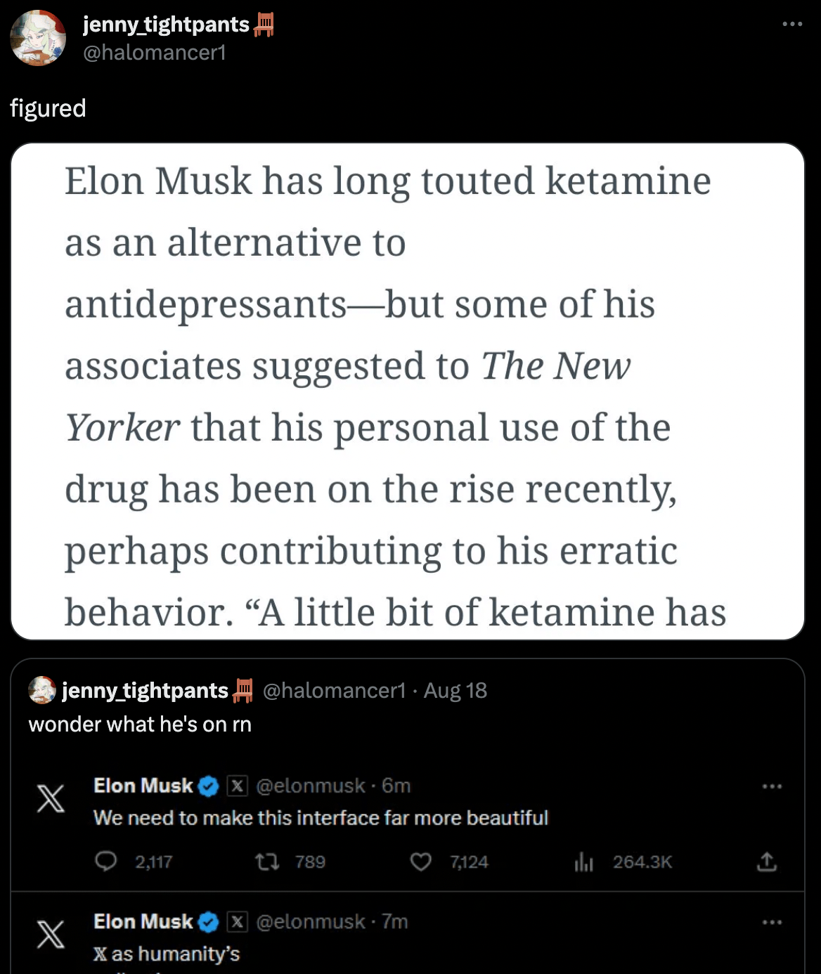 Elon is literally on DRUGS r/TherapeuticKetamine