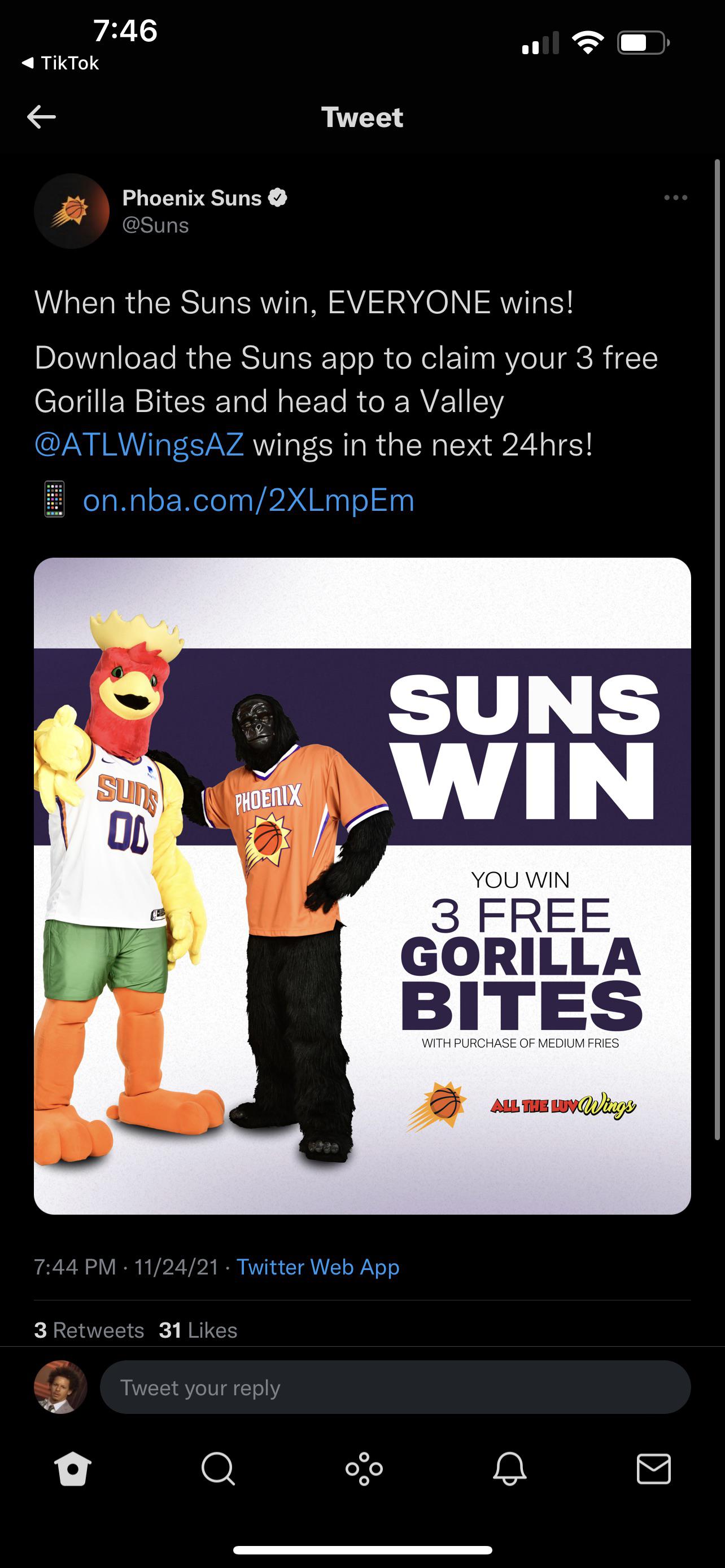 Suns are winning so much ATL wings has ran out of free wings to give after every suns win. A