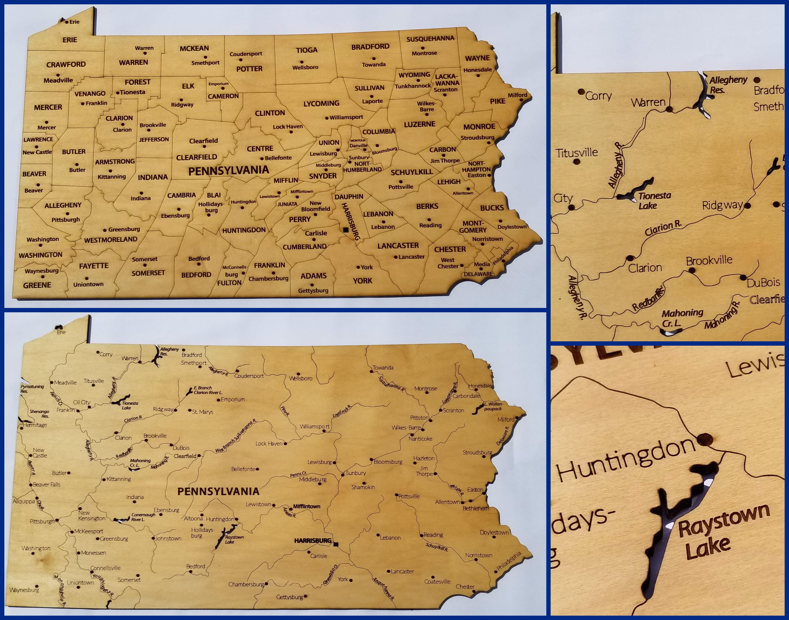 I made a county and natural Wood Map of PENNSYLVANIA! 29"x22" 1/4" Maple. Laser Burnt. Mounted