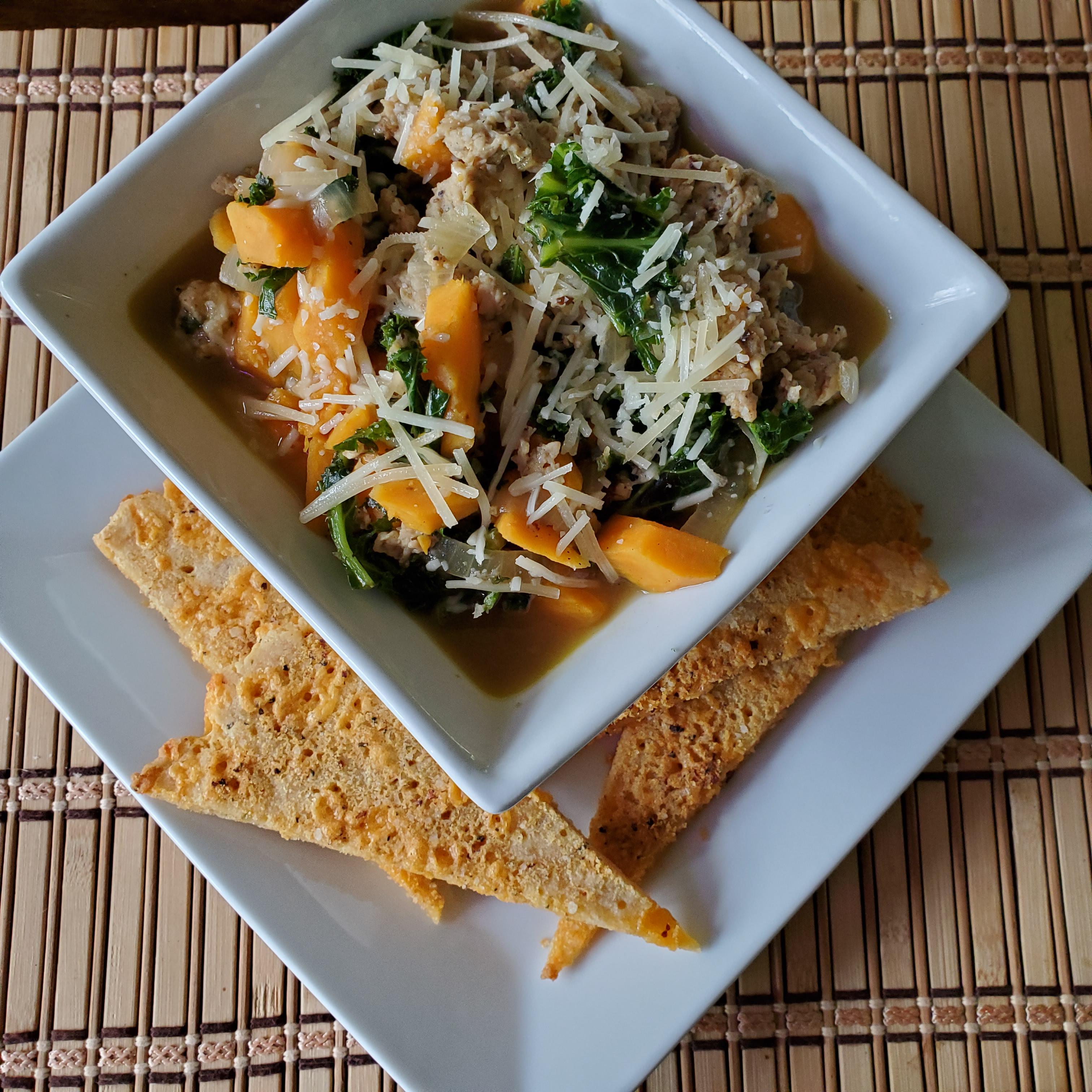 Chicken sausage, sweet potato & kale soup with homemade GF Flatbread