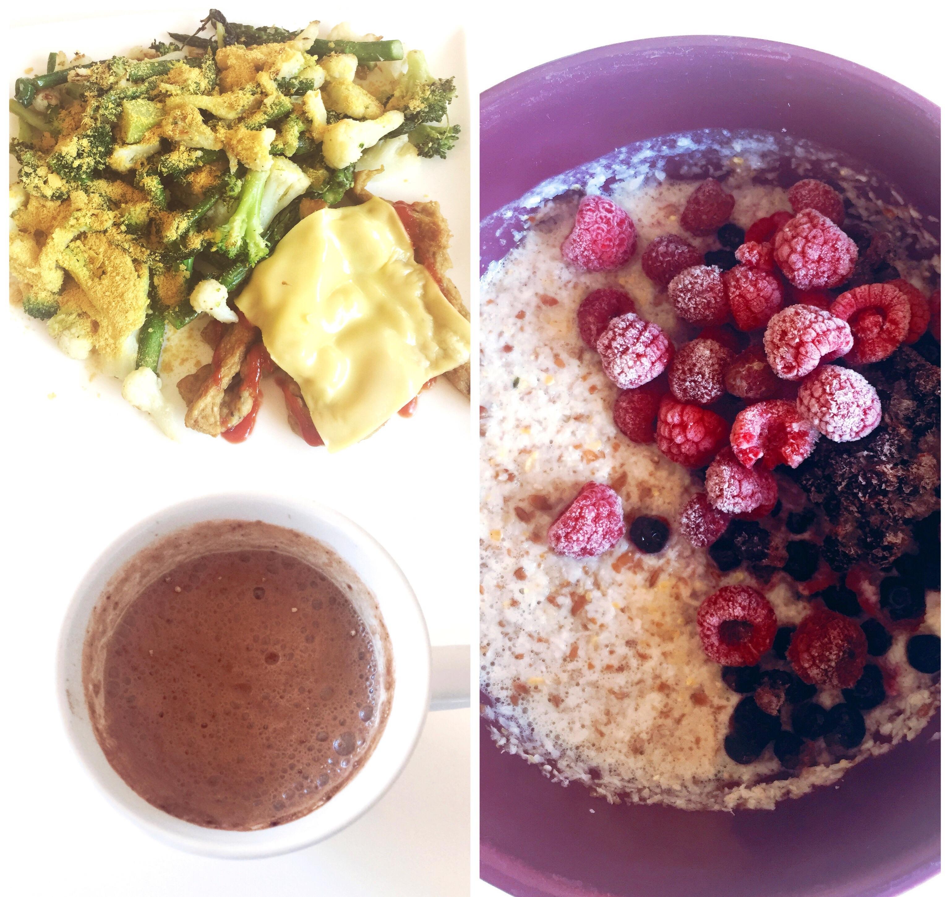 Veggies with aioli & “chicken” parmigiana. Keto porridge & berries